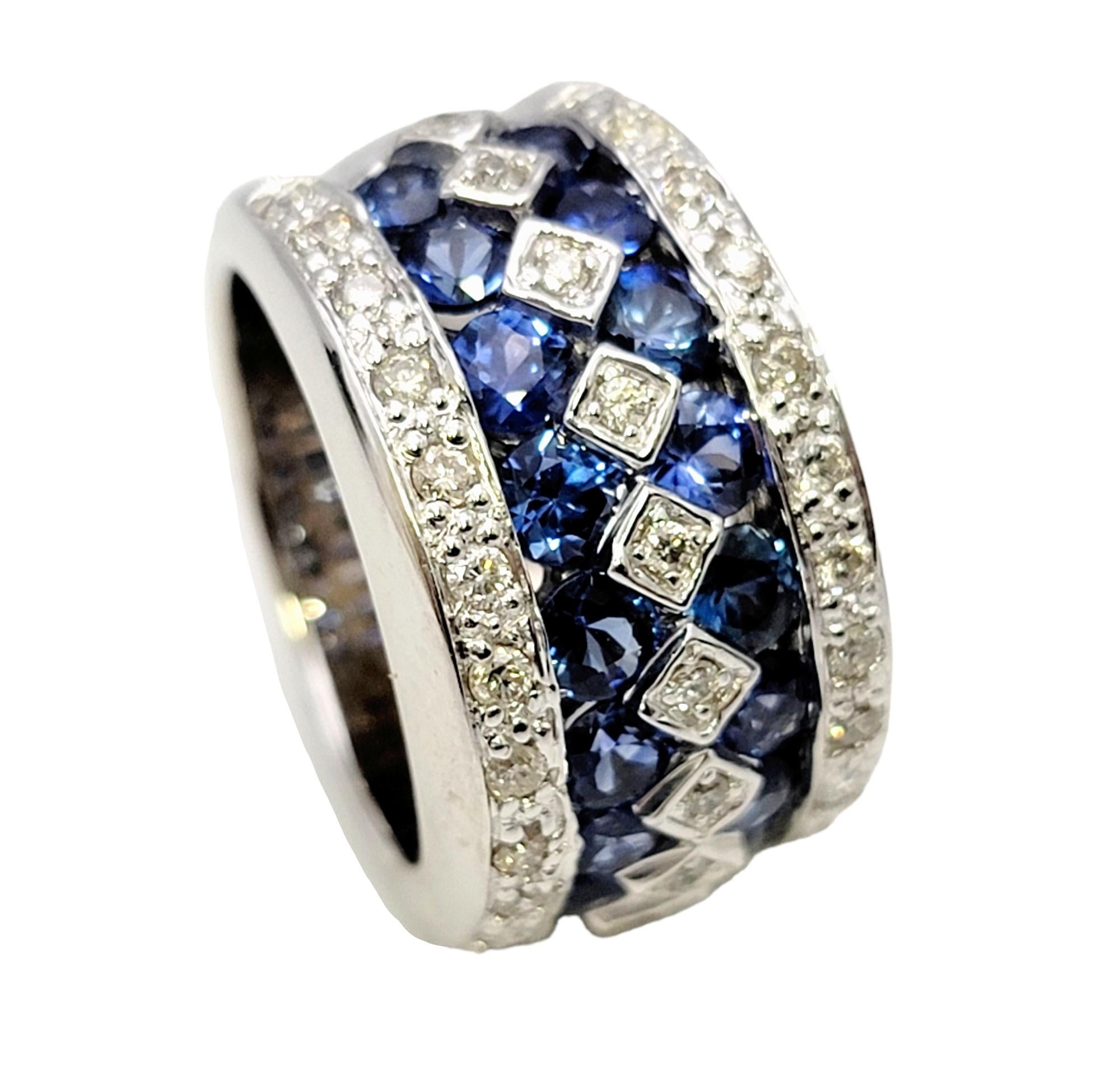 Multi Row Natural Blue Sapphire and Diamond Wide 14 Karat White Gold Band Ring In Good Condition For Sale In Scottsdale, AZ