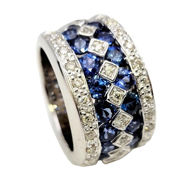 Multi Row Natural Blue Sapphire and Diamond Wide 14 Karat White Gold ...