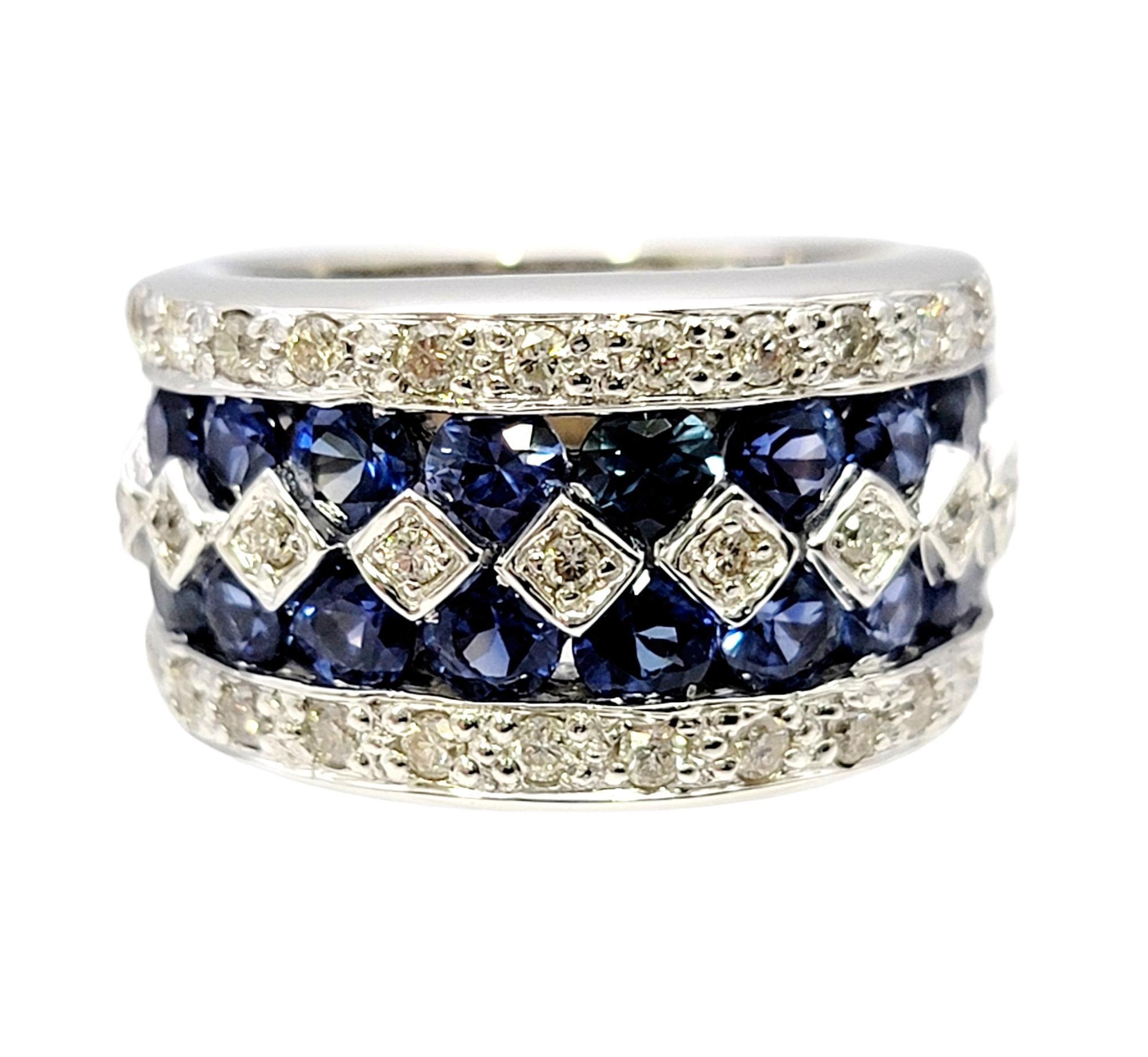 Women's Multi Row Natural Blue Sapphire and Diamond Wide 14 Karat White Gold Band Ring For Sale