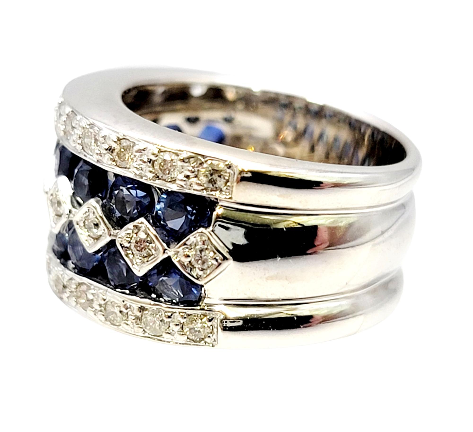 Multi Row Natural Blue Sapphire and Diamond Wide 14 Karat White Gold Band Ring For Sale 1