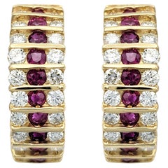 Multi Row Natural Ruby and Diamond Hoop Earrings in 14 Karat Yellow Gold