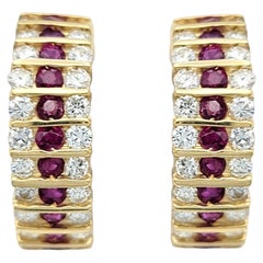 Multi Row Natural Ruby and Diamond Hoop Earrings in 14 Karat Yellow Gold