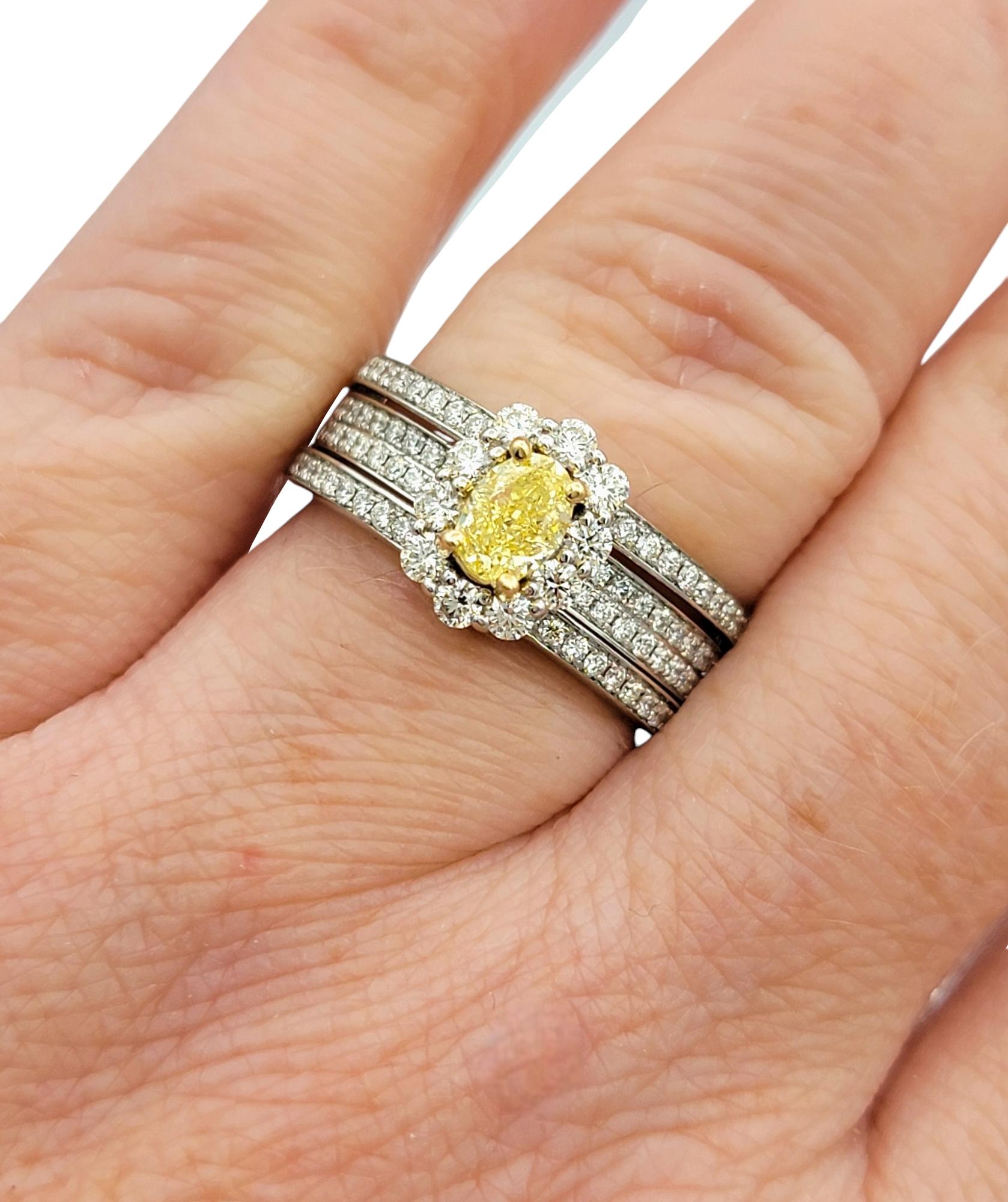 Bague à pavé de diamants à plusieurs rangs avec diamant jaune fantaisie de taille ovale en or 14K en vente 5