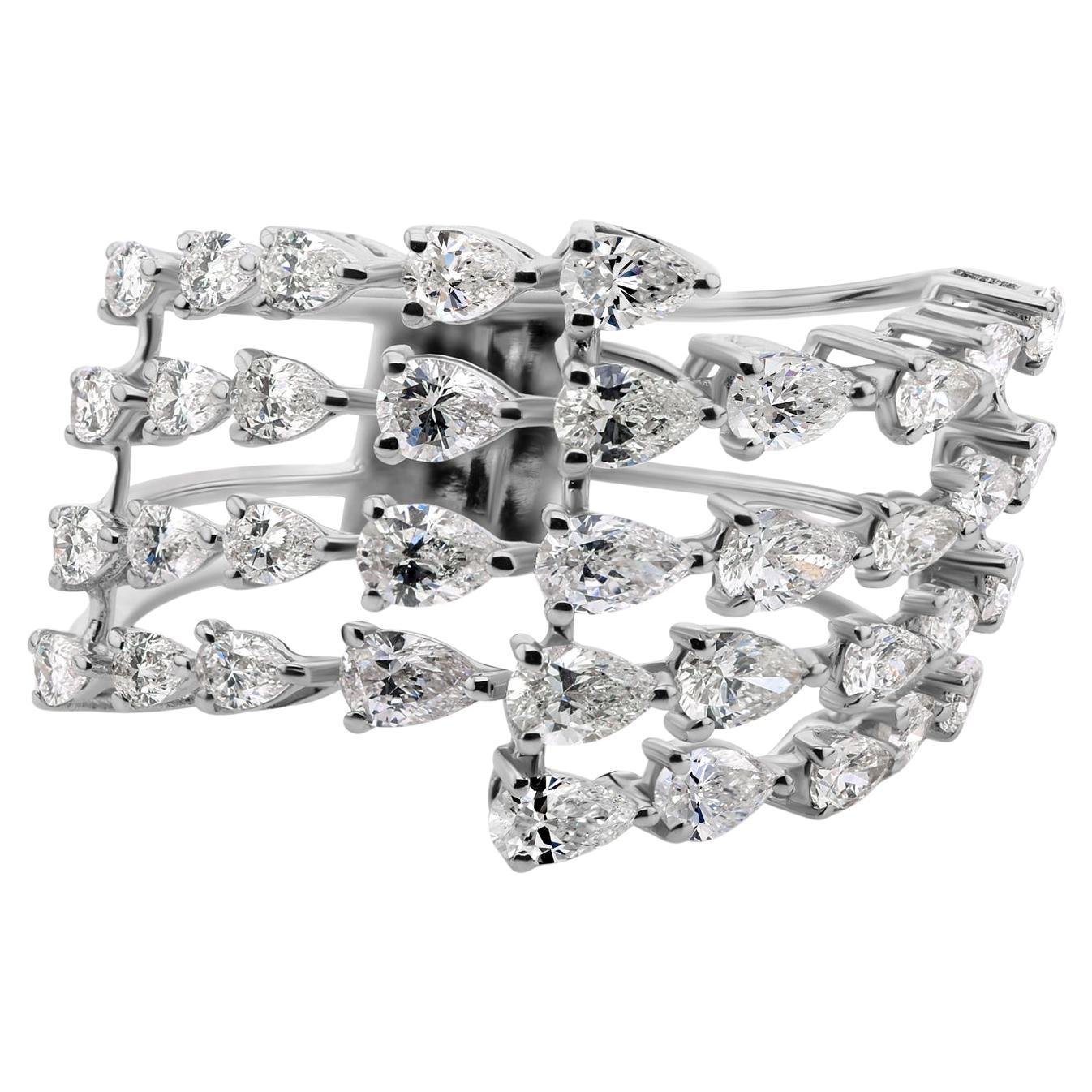 Multi Row Pear 1.84Ct Diamond Cluster Statement Ring 14K White Gold Fine Jewelry