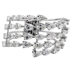 Multi Row Pear 1.84Ct Diamond Cluster Statement Ring 18K White Gold Fine Jewelry