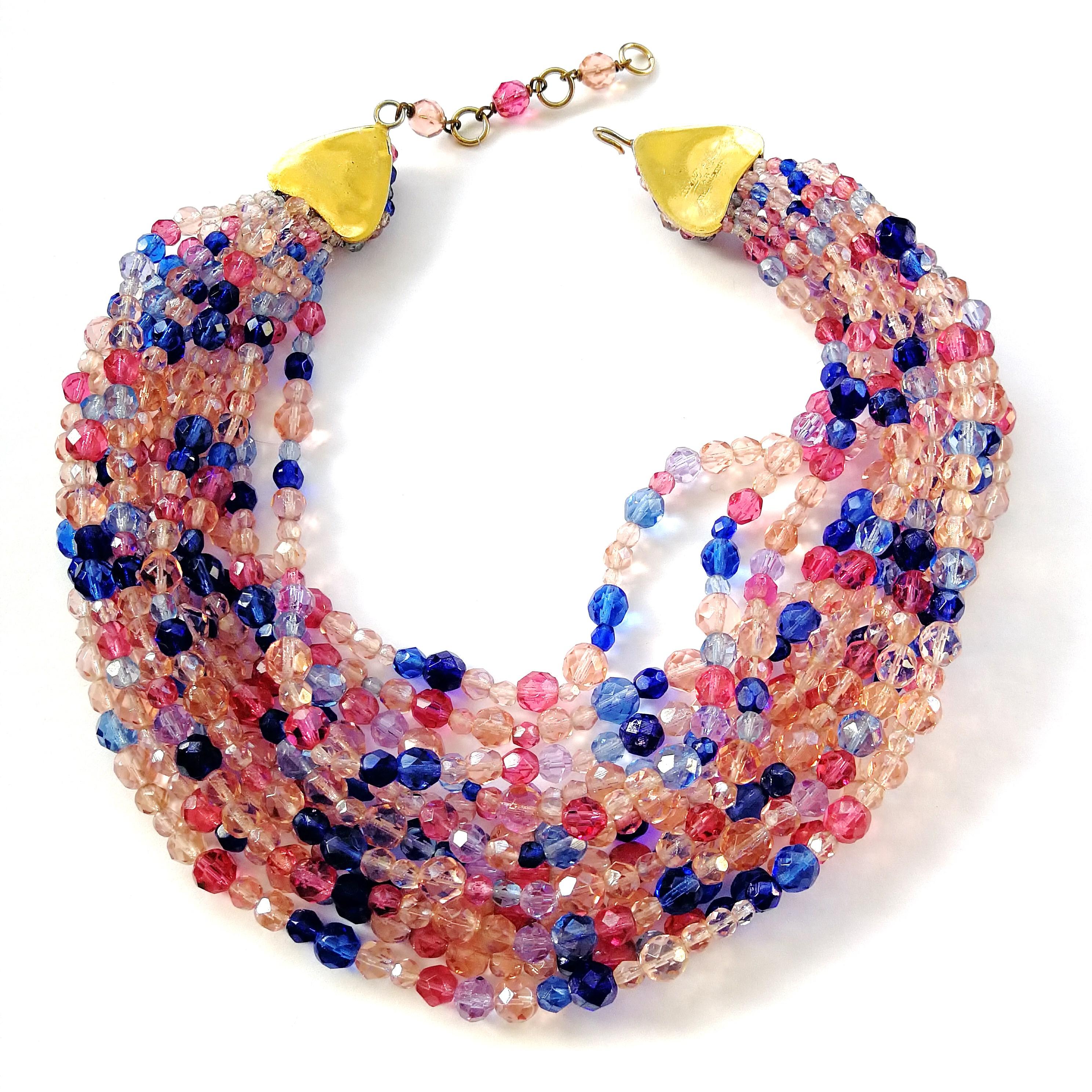 Multi row pink, raspberry and blue beaded necklace, Coppola e Toppo, 1950s In Good Condition In Greyabbey, County Down