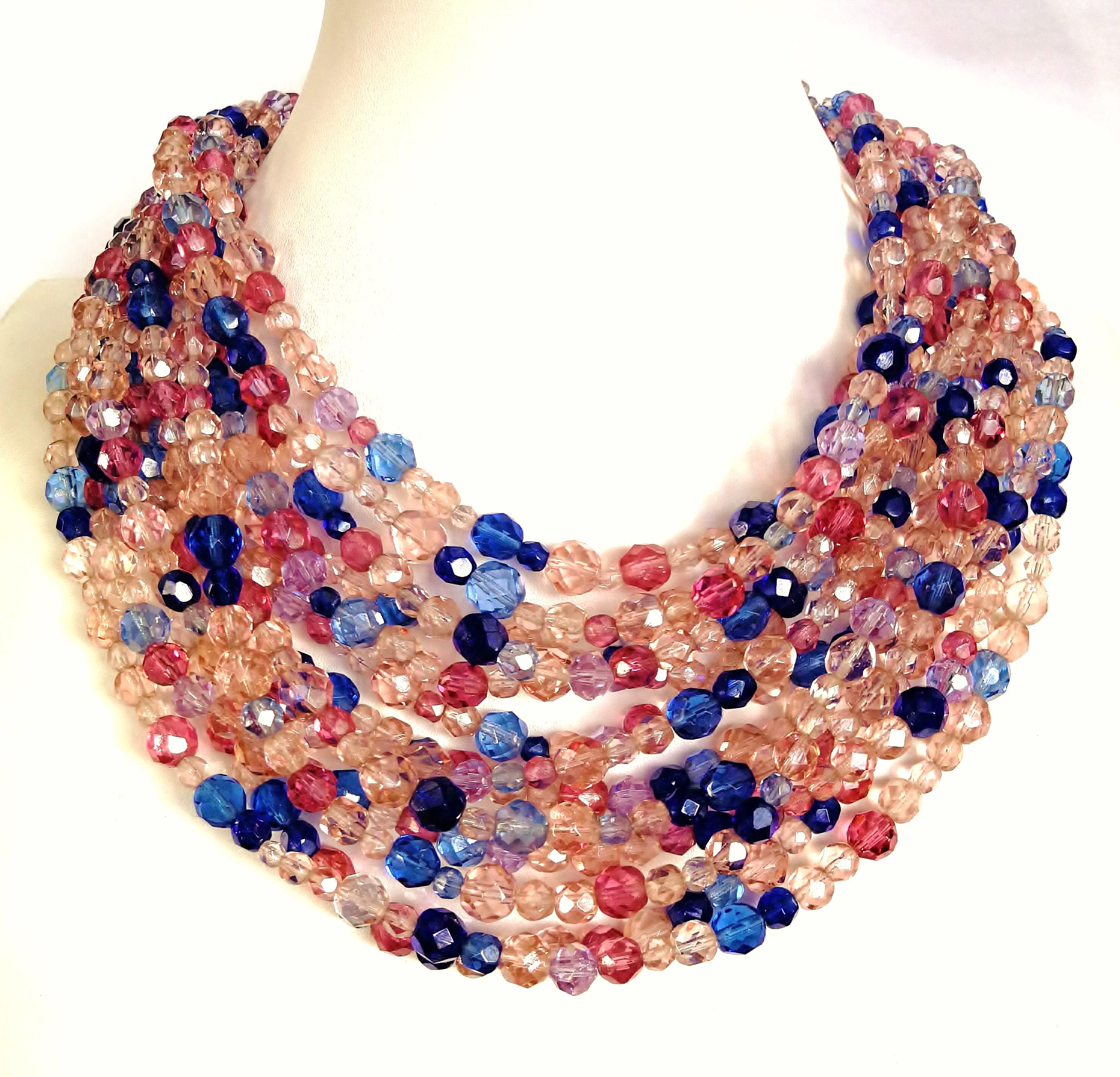 Multi row pink, raspberry and blue beaded necklace, Coppola e Toppo, 1950s 1