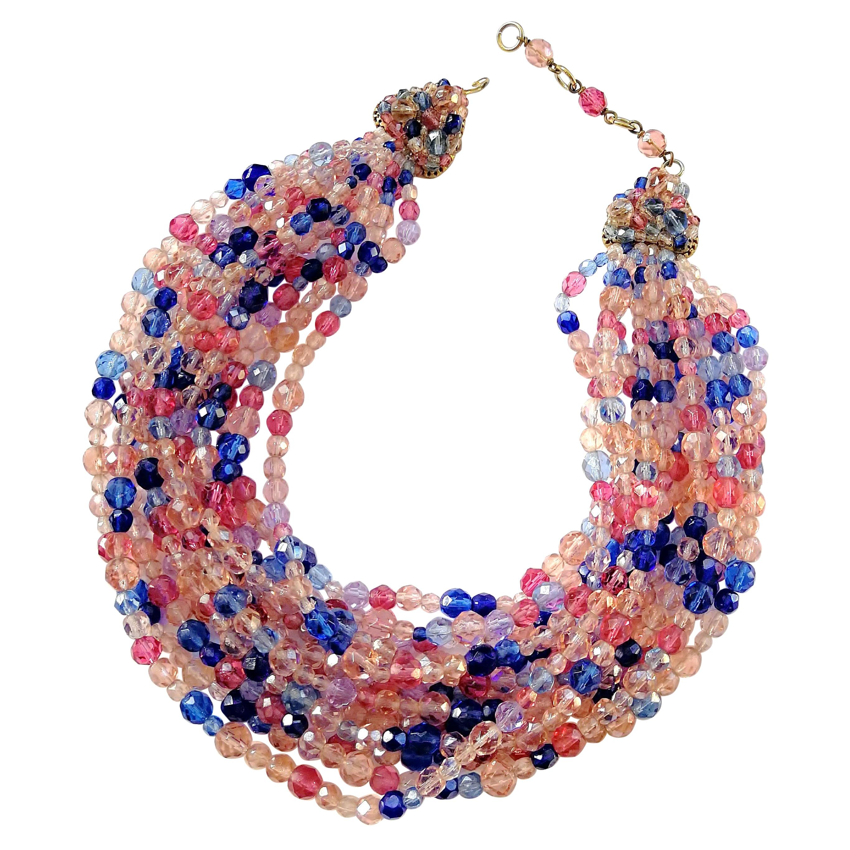 Multi row pink, raspberry and blue beaded necklace, Coppola e Toppo, 1950s