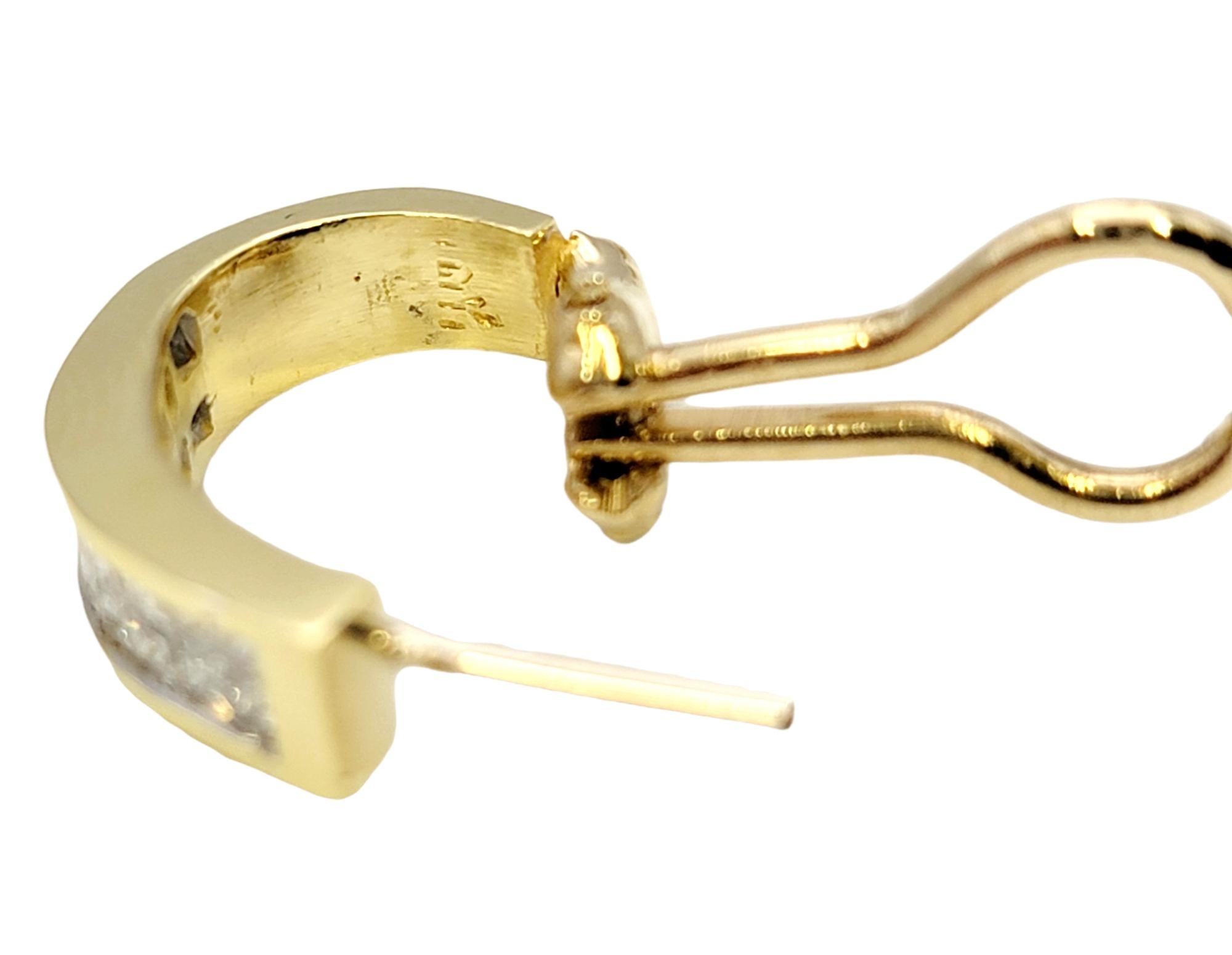 Multi Row Princess Cut Diamond Half Hoop Pierced Earrings 14 Karat Yellow Gold For Sale 3