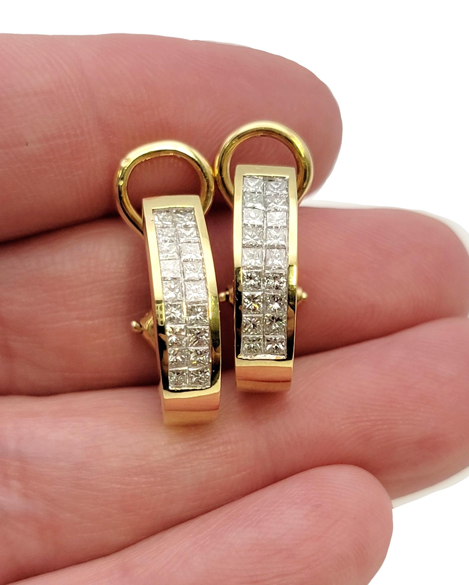 Multi Row Princess Cut Diamond Half Hoop Pierced Earrings 14 Karat Yellow Gold For Sale 4