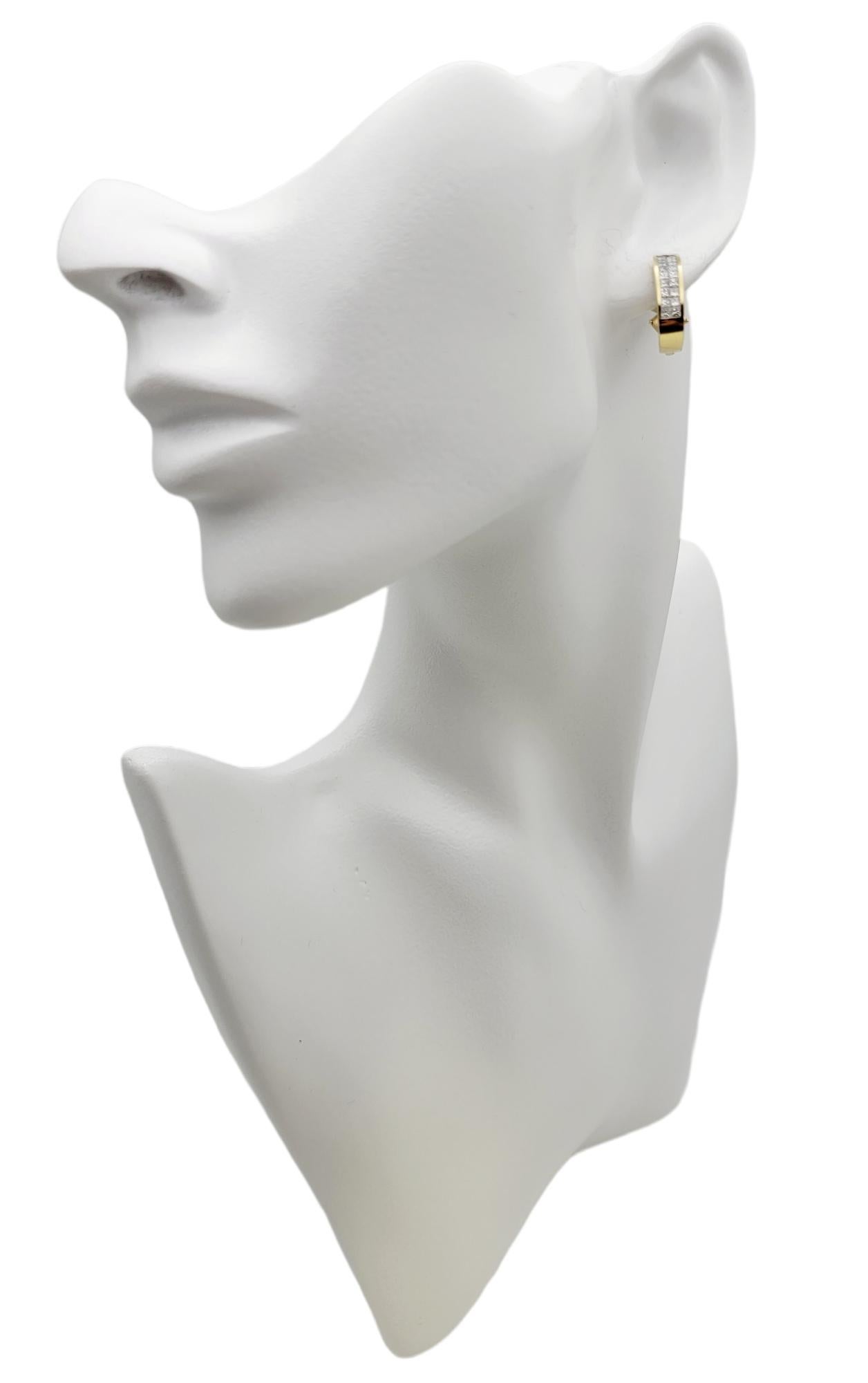 Multi Row Princess Cut Diamond Half Hoop Pierced Earrings 14 Karat Yellow Gold For Sale 6