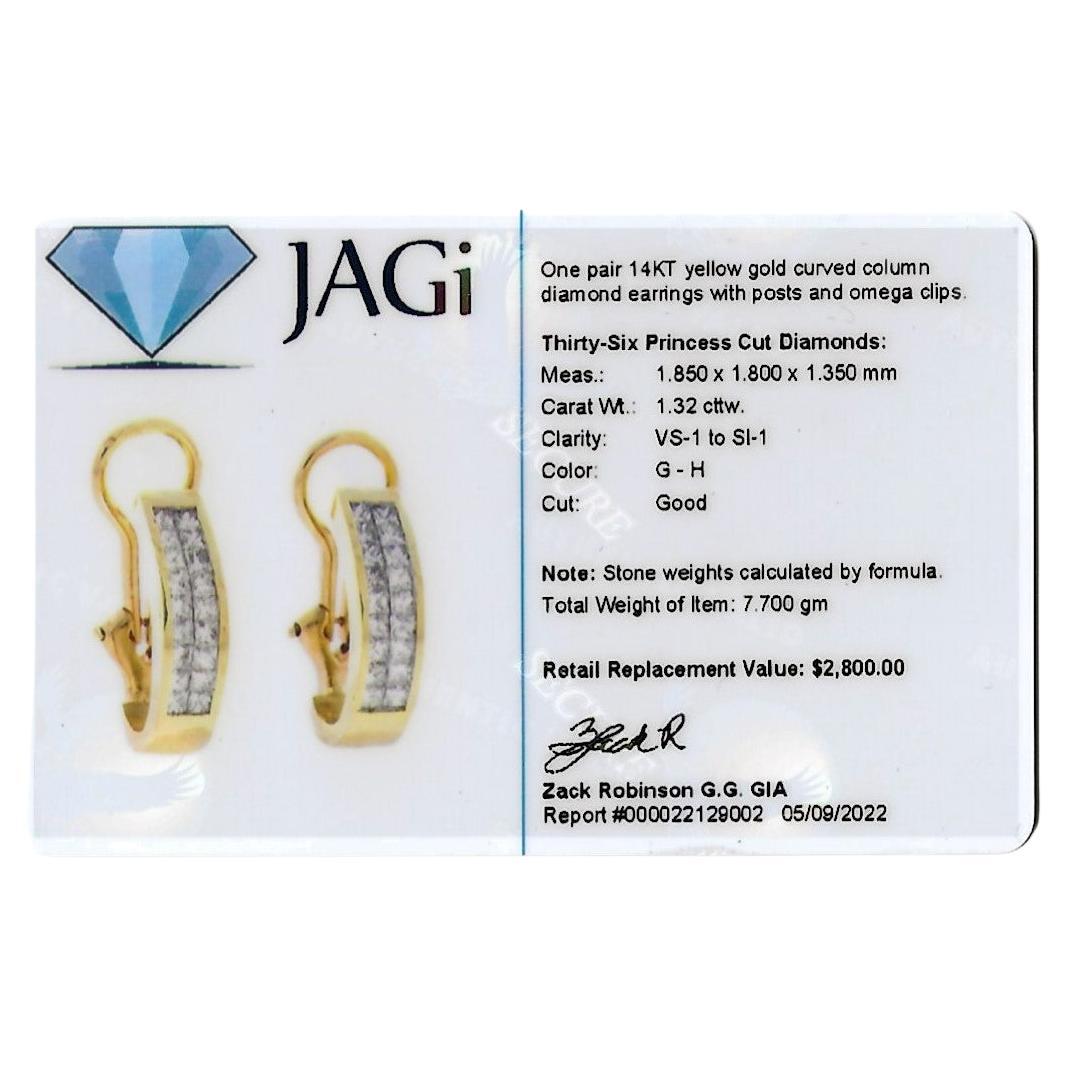 Multi Row Princess Cut Diamond Half Hoop Pierced Earrings 14 Karat Yellow Gold For Sale 8