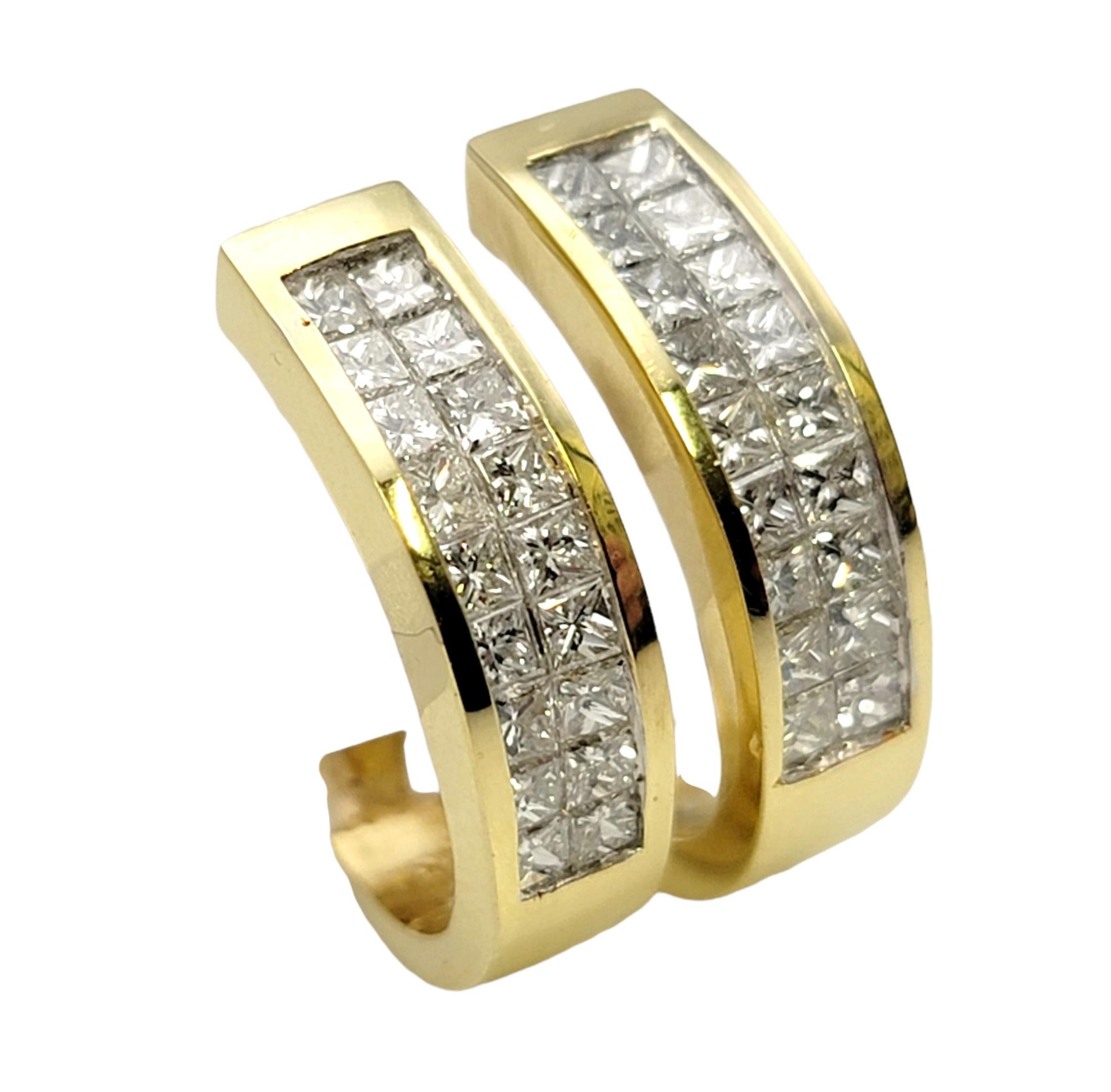 Contemporary Multi Row Princess Cut Diamond Half Hoop Pierced Earrings 14 Karat Yellow Gold For Sale