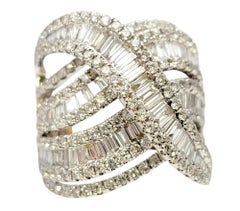 Multi Row Round and Baguette Diamond 18 Karat White Gold Crossover Band Ring