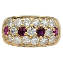 Multi Row Round Diamond and Burmese Ruby Wide Band Ring in 14 Karat Yellow Gold