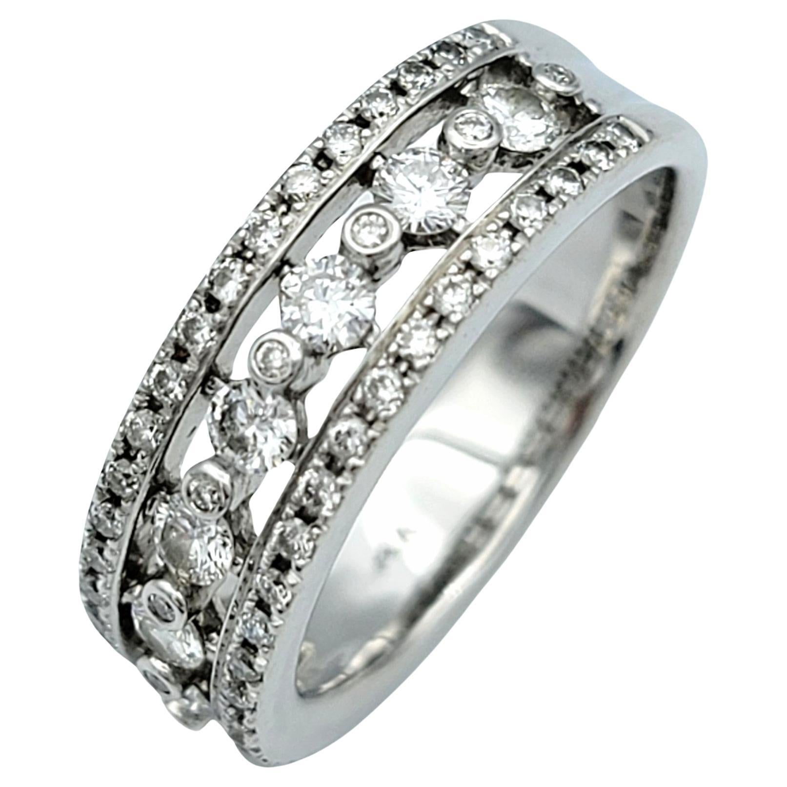 Multi-Row Round Diamond Band Ring Set in Polished 14 Karat White Gold For Sale
