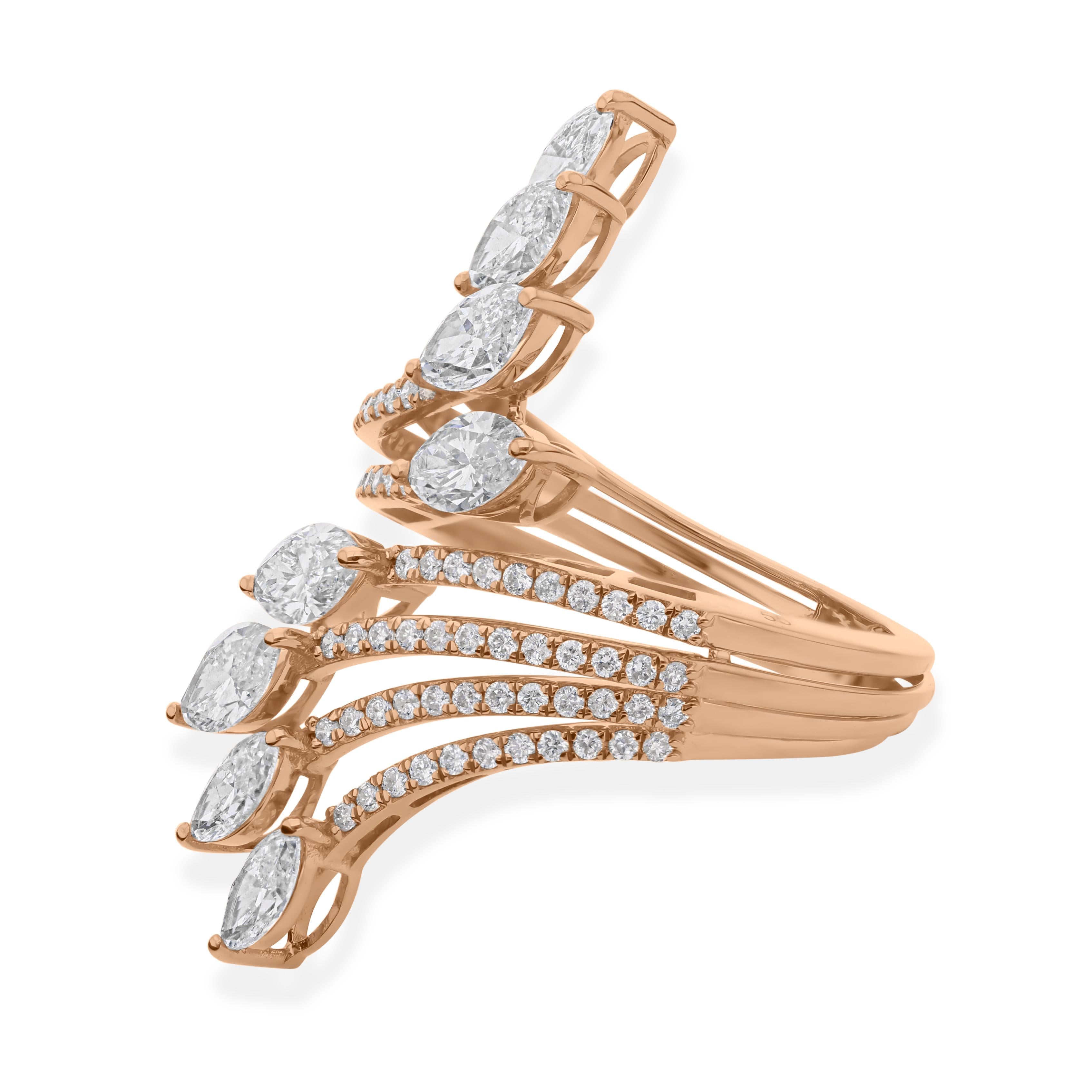 En venta: Anillo de cóctel con diamantes auténticos de varias filas, claridad SI y color HI, oro rosa macizo de 18 quilates  10