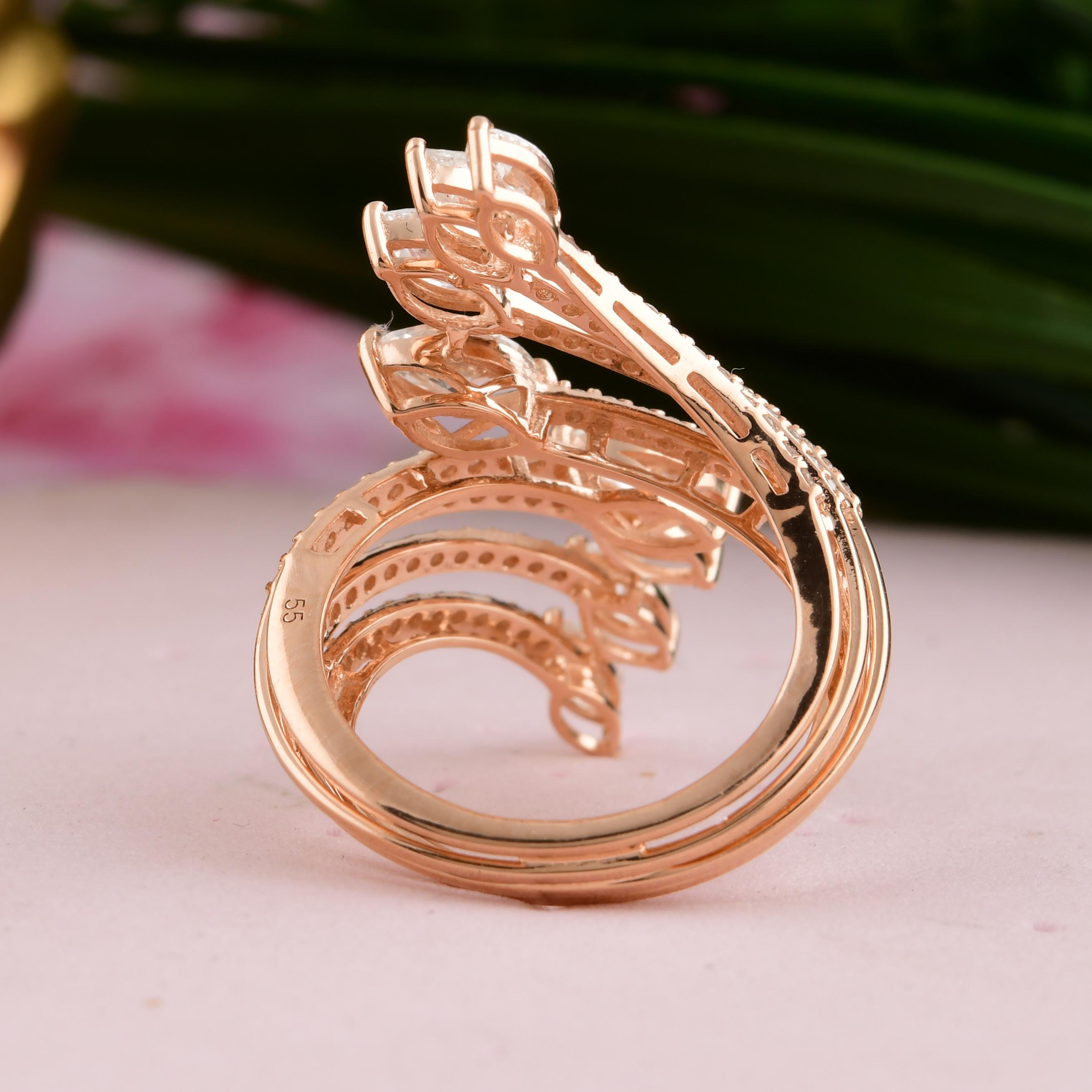En venta: Anillo de cóctel con diamantes auténticos de varias filas, claridad SI y color HI, oro rosa macizo de 18 quilates  2