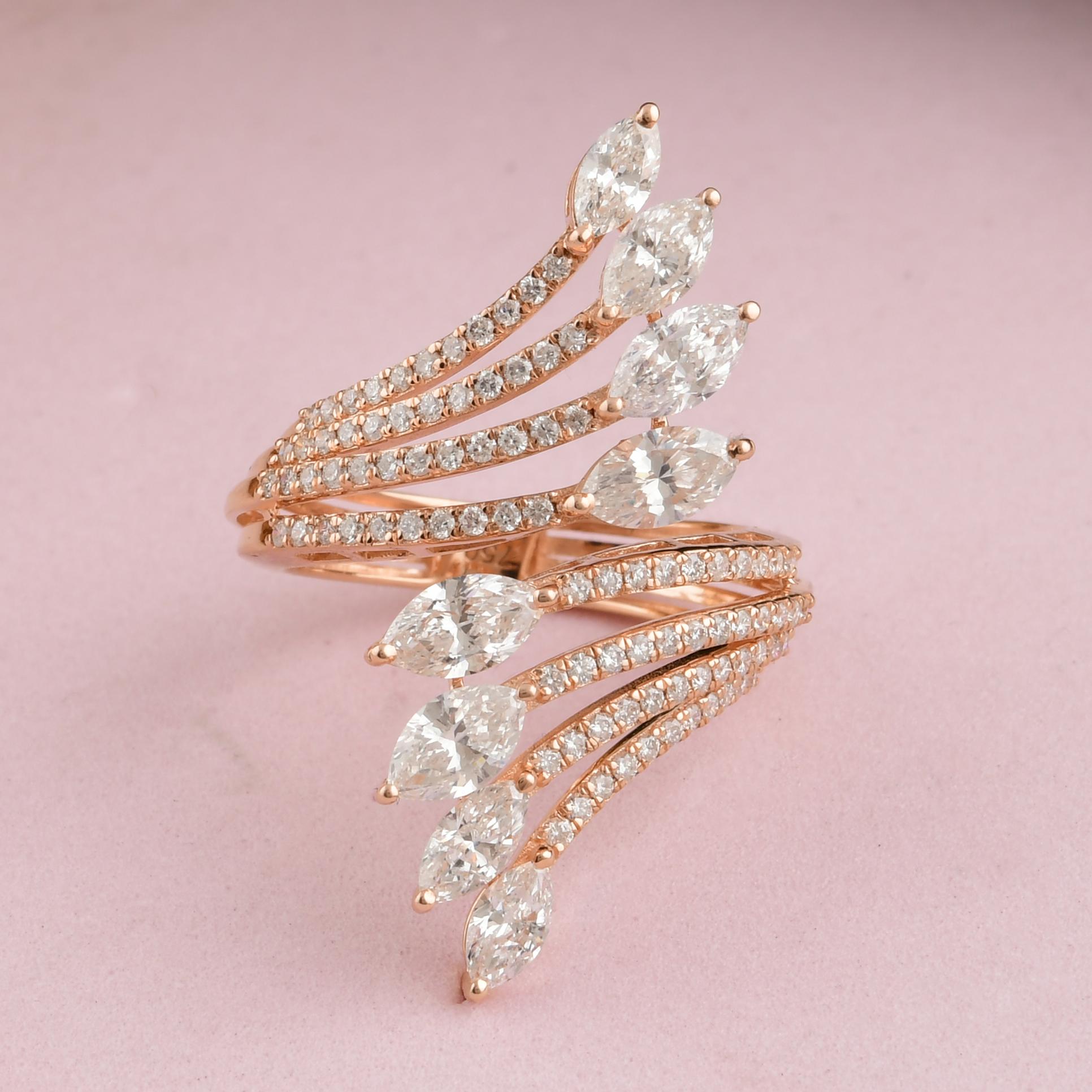 En venta: Anillo de cóctel con diamantes auténticos de varias filas, claridad SI y color HI, oro rosa macizo de 18 quilates  4