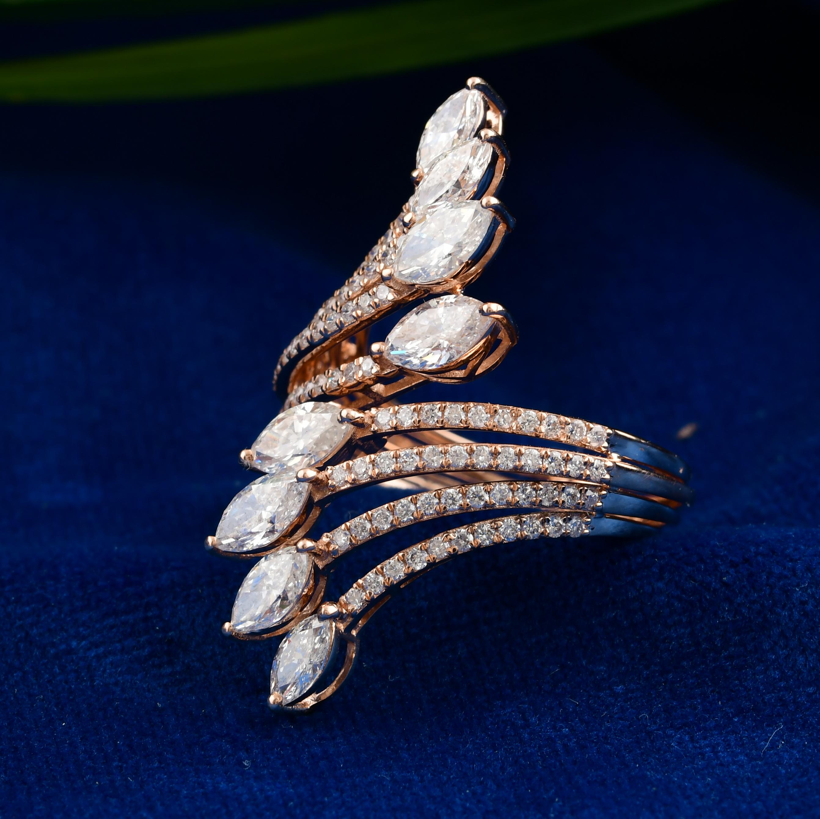 En venta: Anillo de cóctel con diamantes auténticos de varias filas, claridad SI y color HI, oro rosa macizo de 18 quilates  5