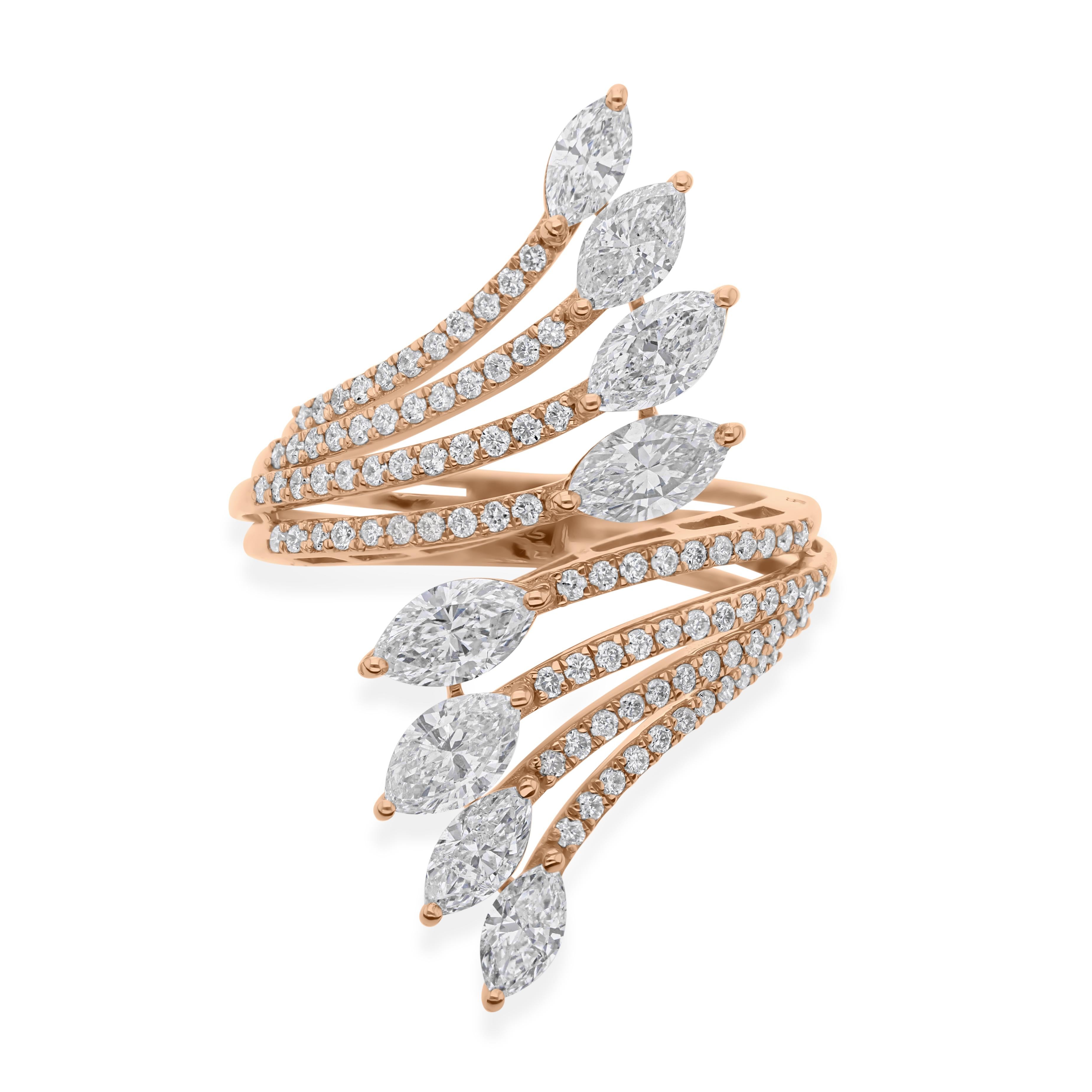 En venta: Anillo de cóctel con diamantes auténticos de varias filas, claridad SI y color HI, oro rosa macizo de 18 quilates  9