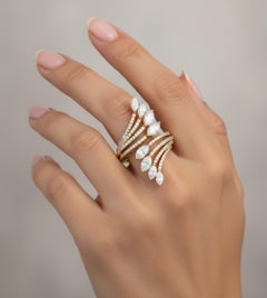 Multi Row SI Clarity HI Color Real Diamond Cocktail Ring 18K Solid Yellow Gold