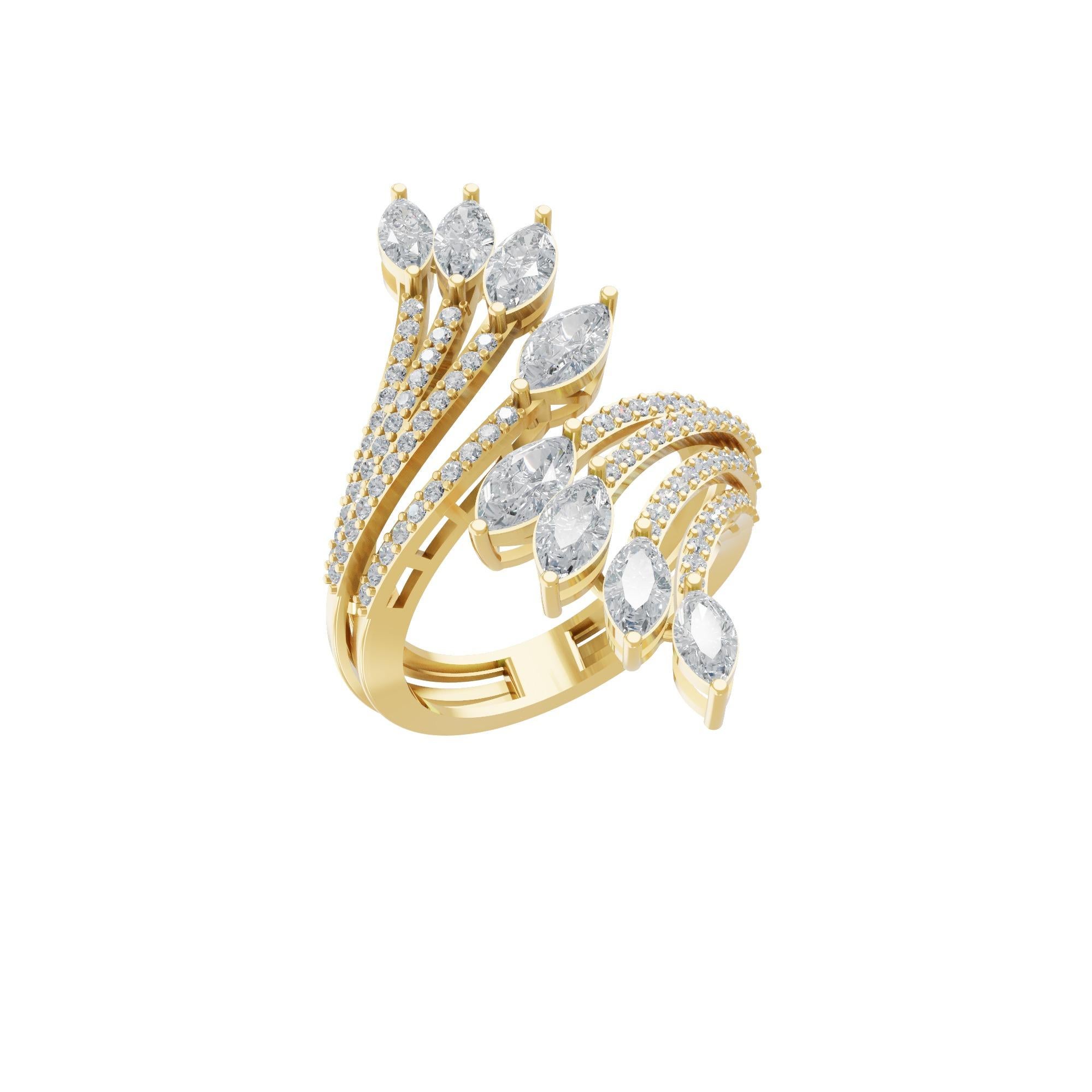 For Sale:  Multi Row SI Clarity HI Color Real Diamond Cocktail Ring 18k Solid Yellow Gold 3