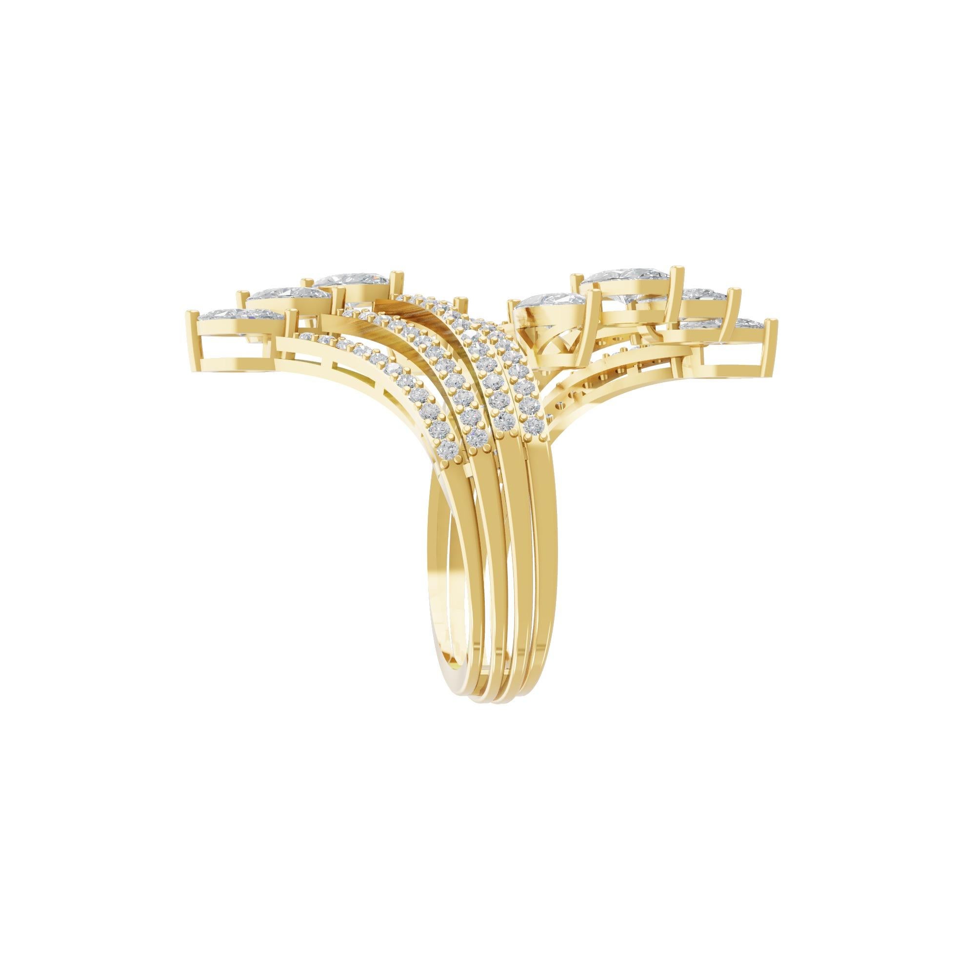 For Sale:  Multi Row SI Clarity HI Color Real Diamond Cocktail Ring 18k Solid Yellow Gold 4