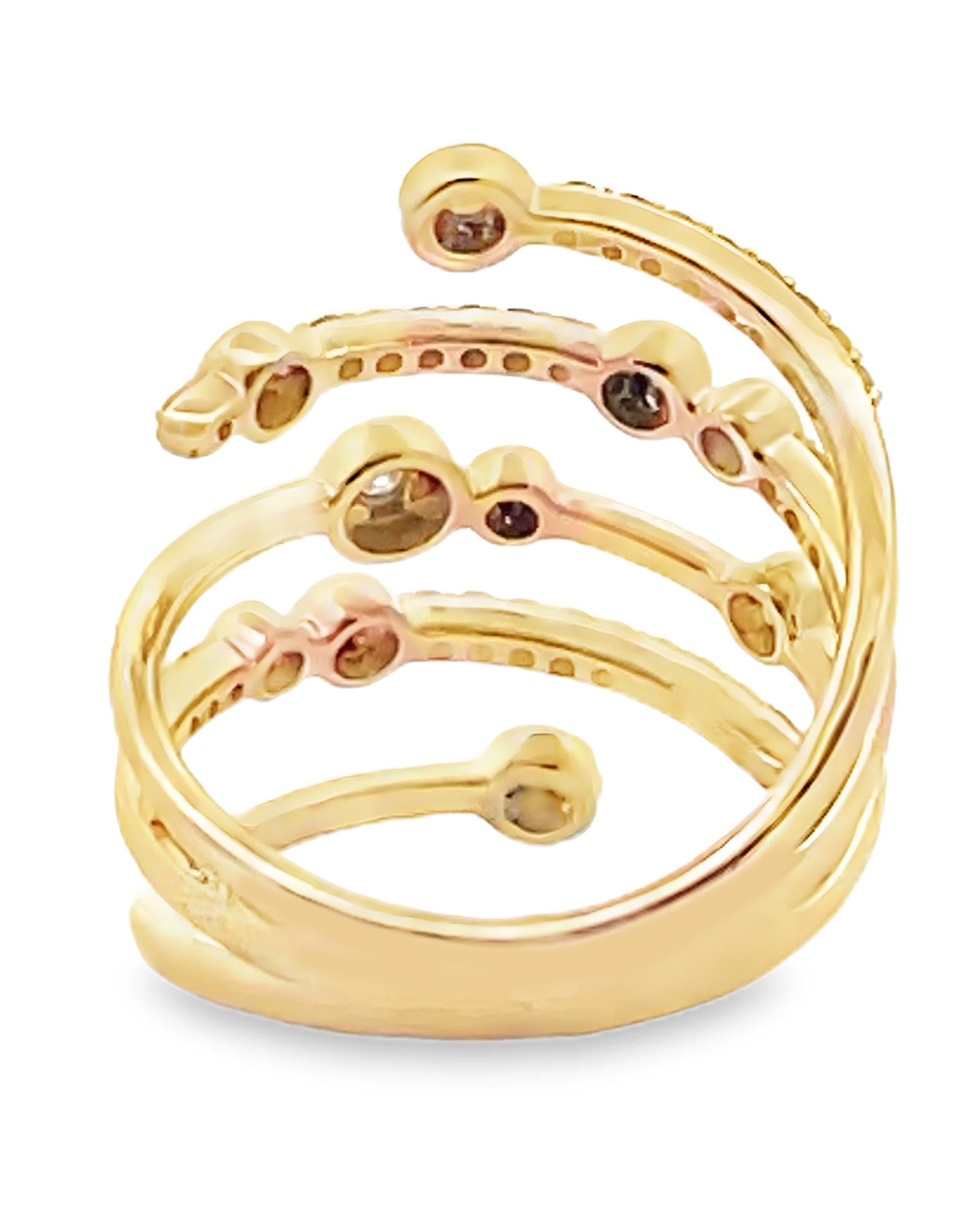 Mehrreihiger spiralförmiger Diamantring mit kaskadenförmigem Kreismotiv aus 14K Gelbgold (Zeitgenössisch) im Angebot