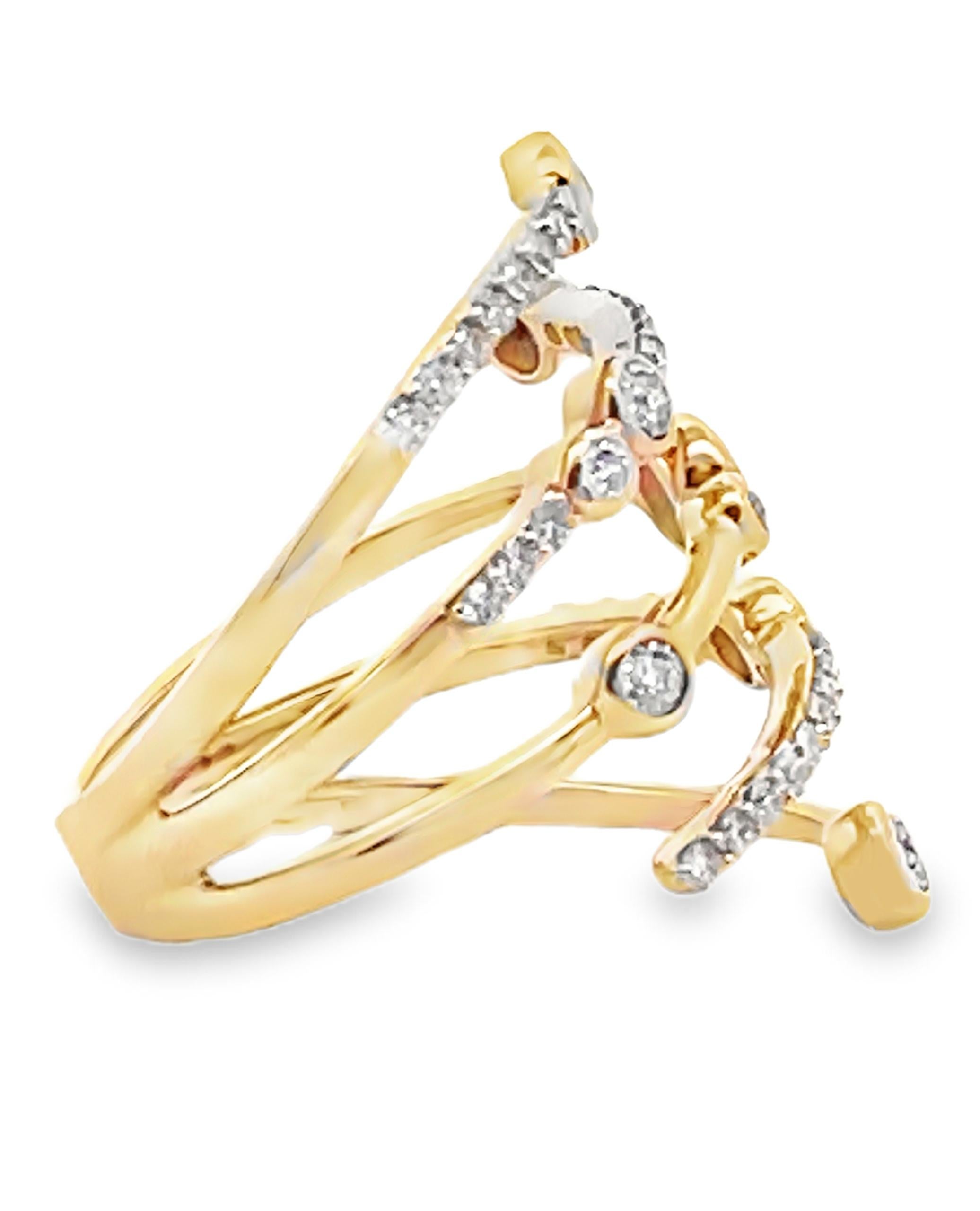 Mehrreihiger spiralförmiger Diamantring mit kaskadenförmigem Kreismotiv aus 14K Gelbgold (Rundschliff) im Angebot