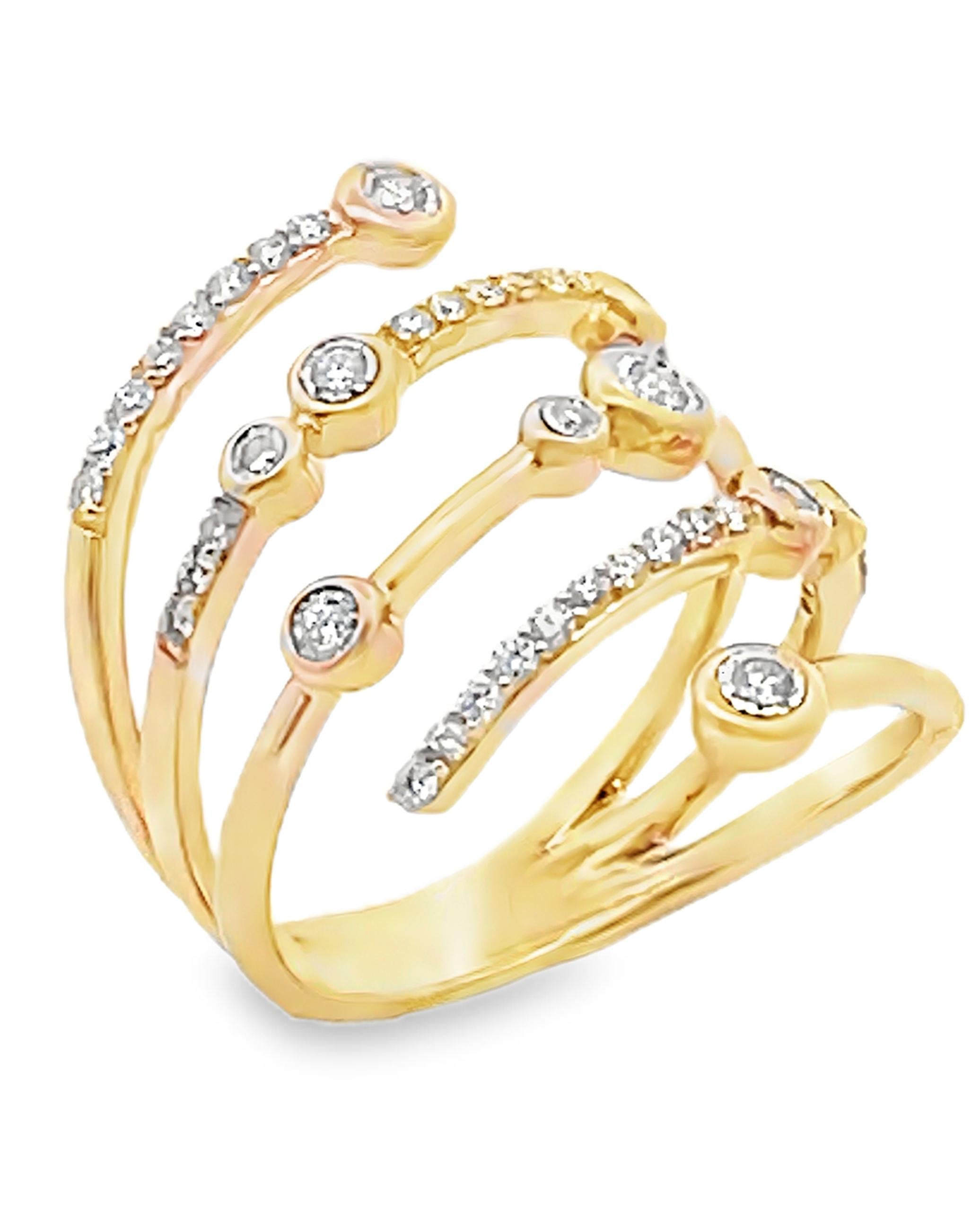 Mehrreihiger spiralförmiger Diamantring mit kaskadenförmigem Kreismotiv aus 14K Gelbgold im Zustand „Neu“ im Angebot in Old Tappan, NJ