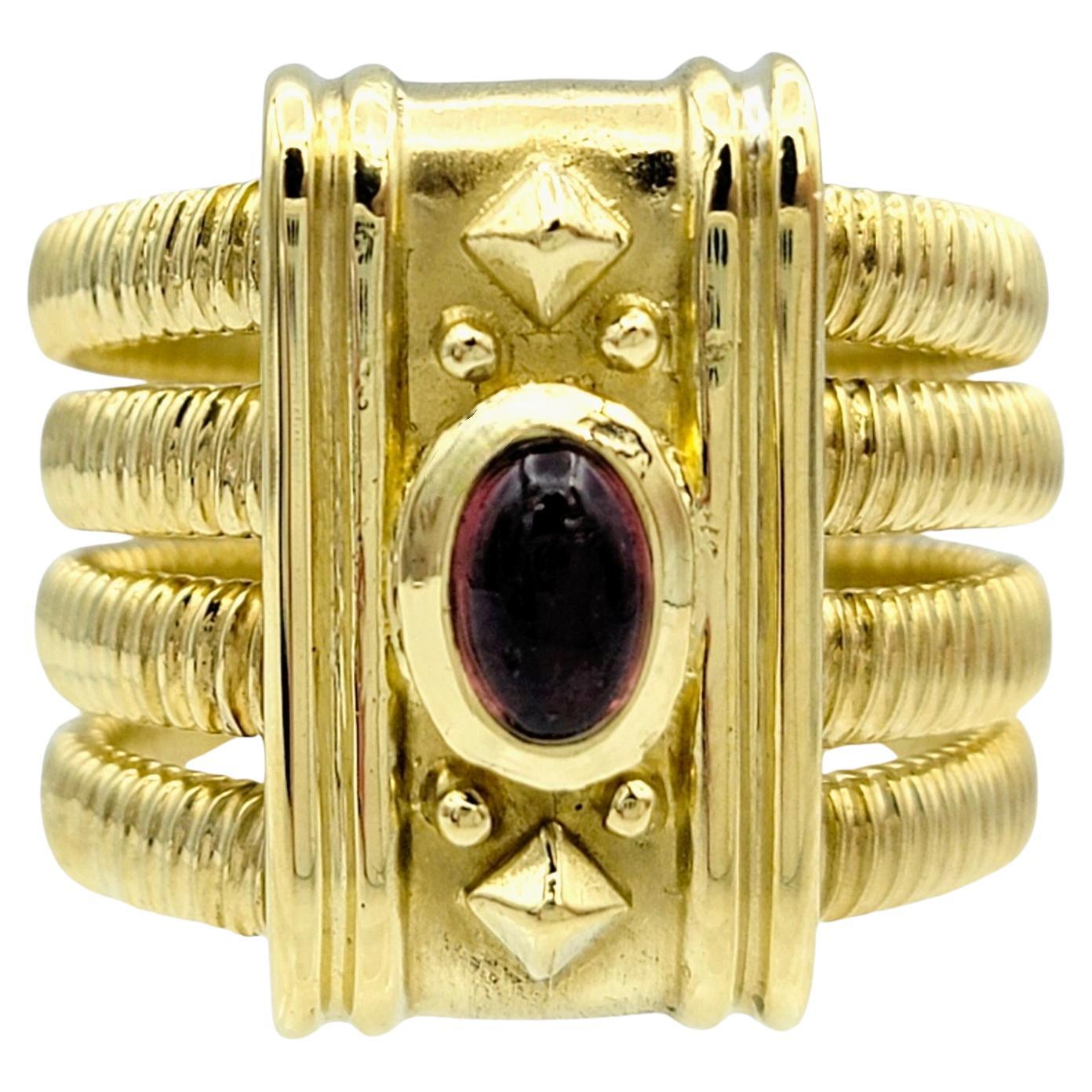 Multi Row Stacked Band Ring with Cabochon Pink Tourmaline 18 Karat Yellow Gold