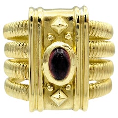 Multi Row Stacked Band Ring with Cabochon Pink Tourmaline 18 Karat Yellow Gold
