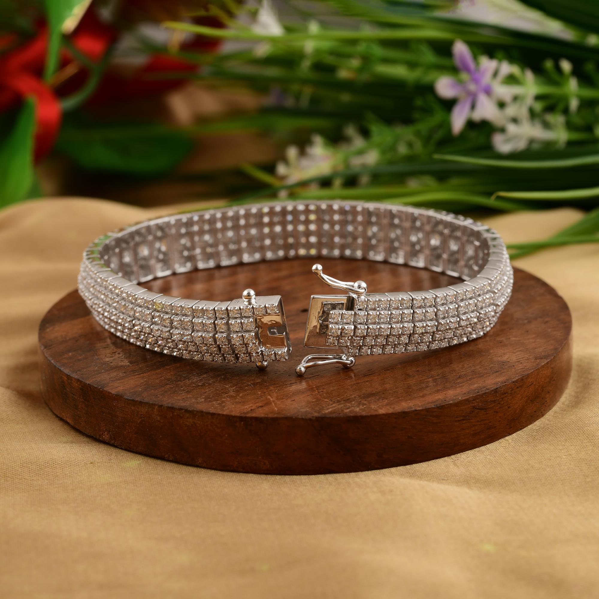 Women's Multi Row Statement 8.34Ct Round Cut SI & HI Diamond Bracelet 18k White Gold For Sale