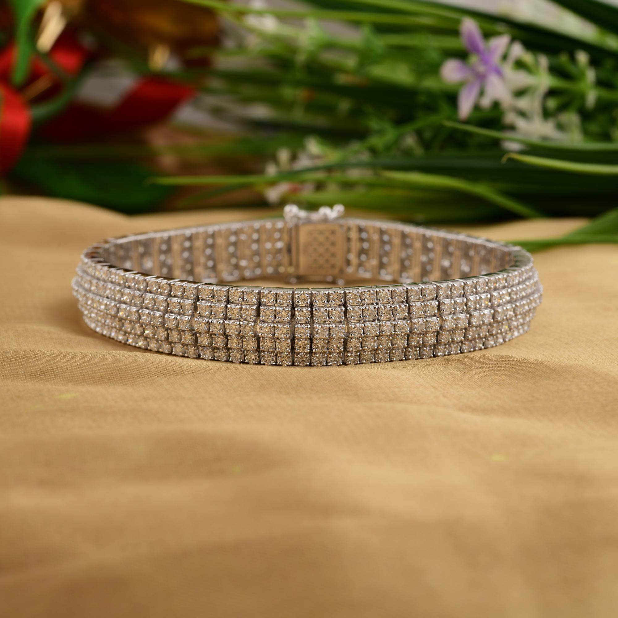 Multi Row Statement 8.34Ct Round Cut SI & HI Diamond Bracelet 18k White Gold For Sale 3