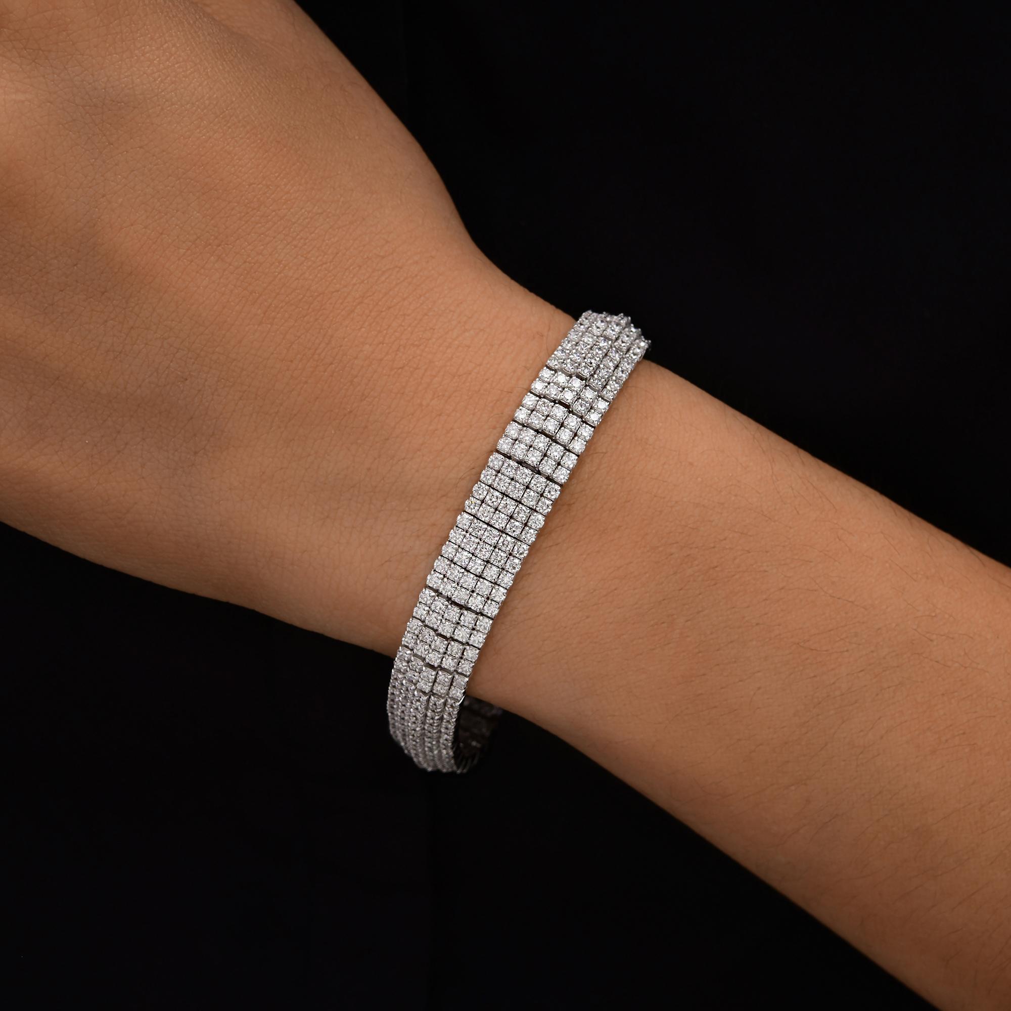 Multi Row Statement 8.34Ct Round Cut SI & HI Diamond Bracelet 18k White Gold For Sale 4