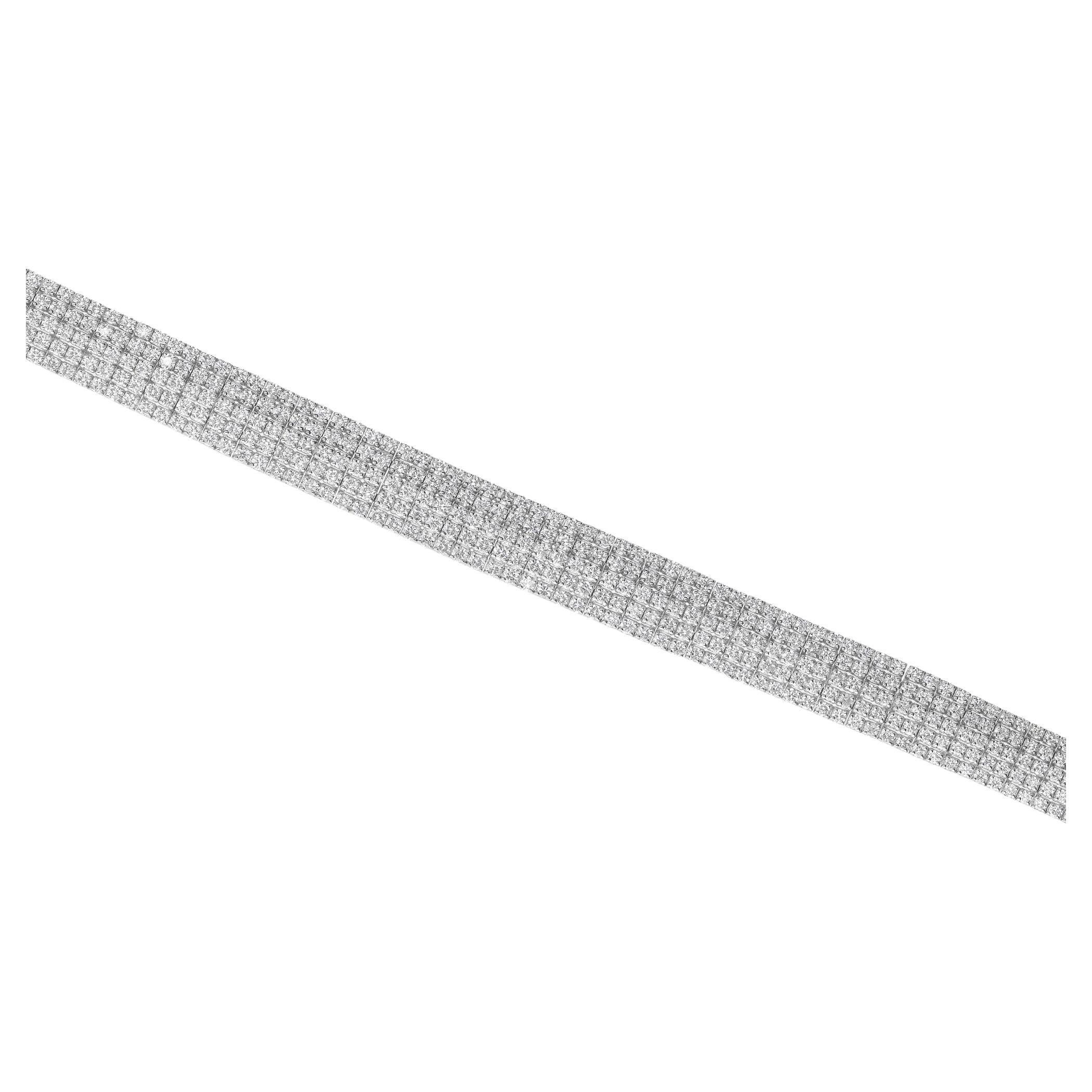 Multi Row Statement 8.34Ct Round Cut SI & HI Diamond Bracelet 18k White Gold For Sale