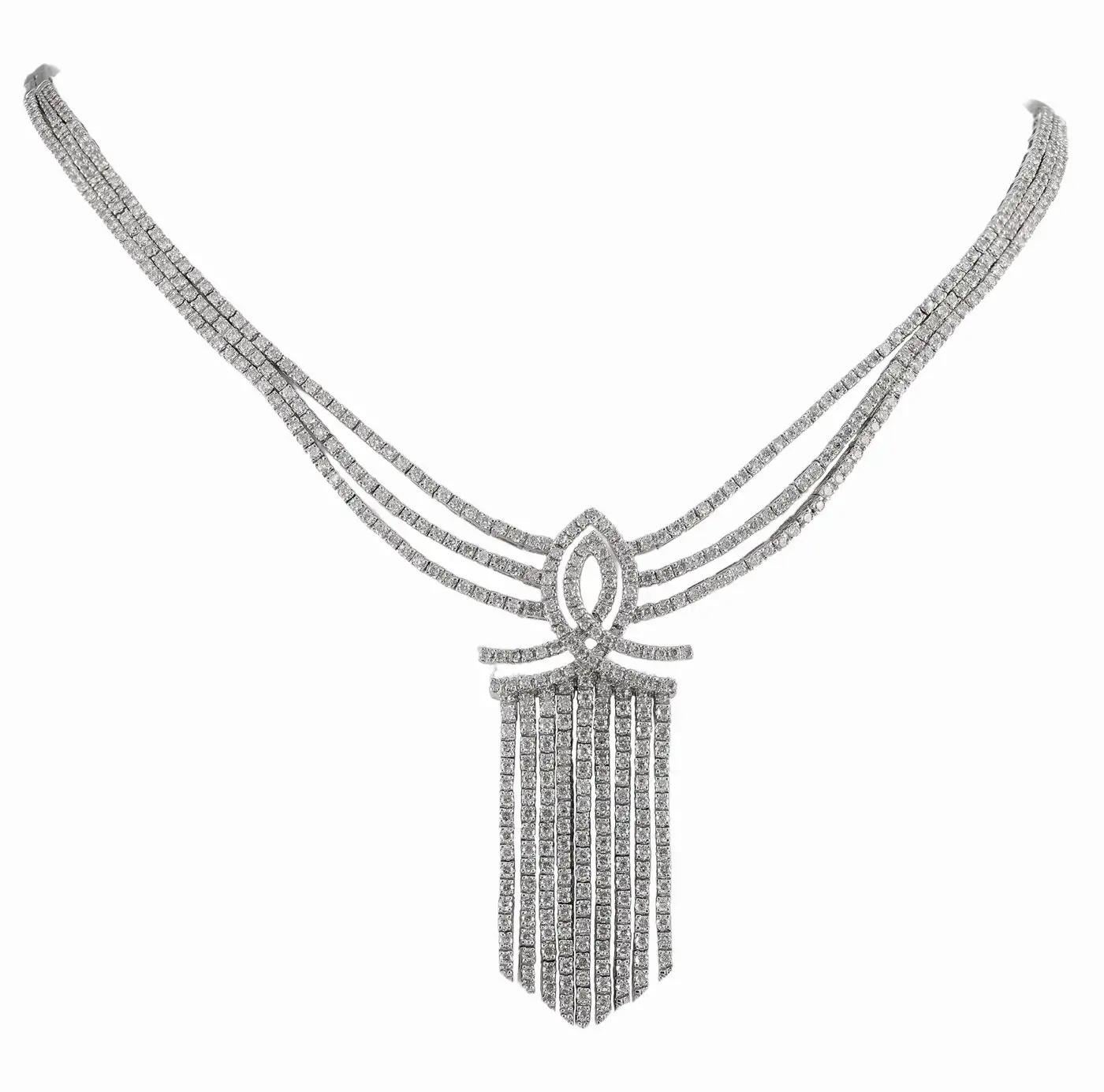 Taglio brillante Collana con nappe di diamanti in oro bianco a più file, taglio Brilliante da 9,50 carati in vendita