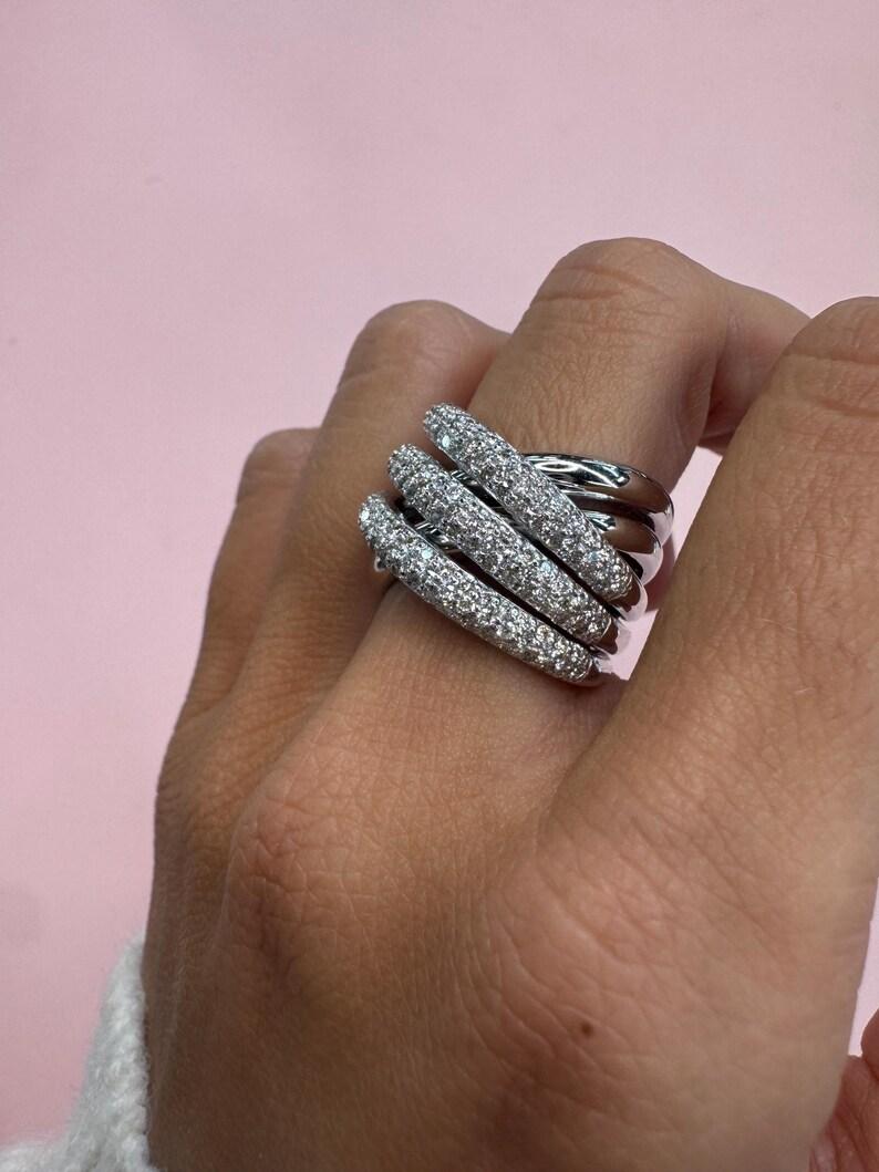 Round Cut Multi-Row Wide Diamond Crossover Band Ring 1.61 Carats 18 Karat White Gold For Sale