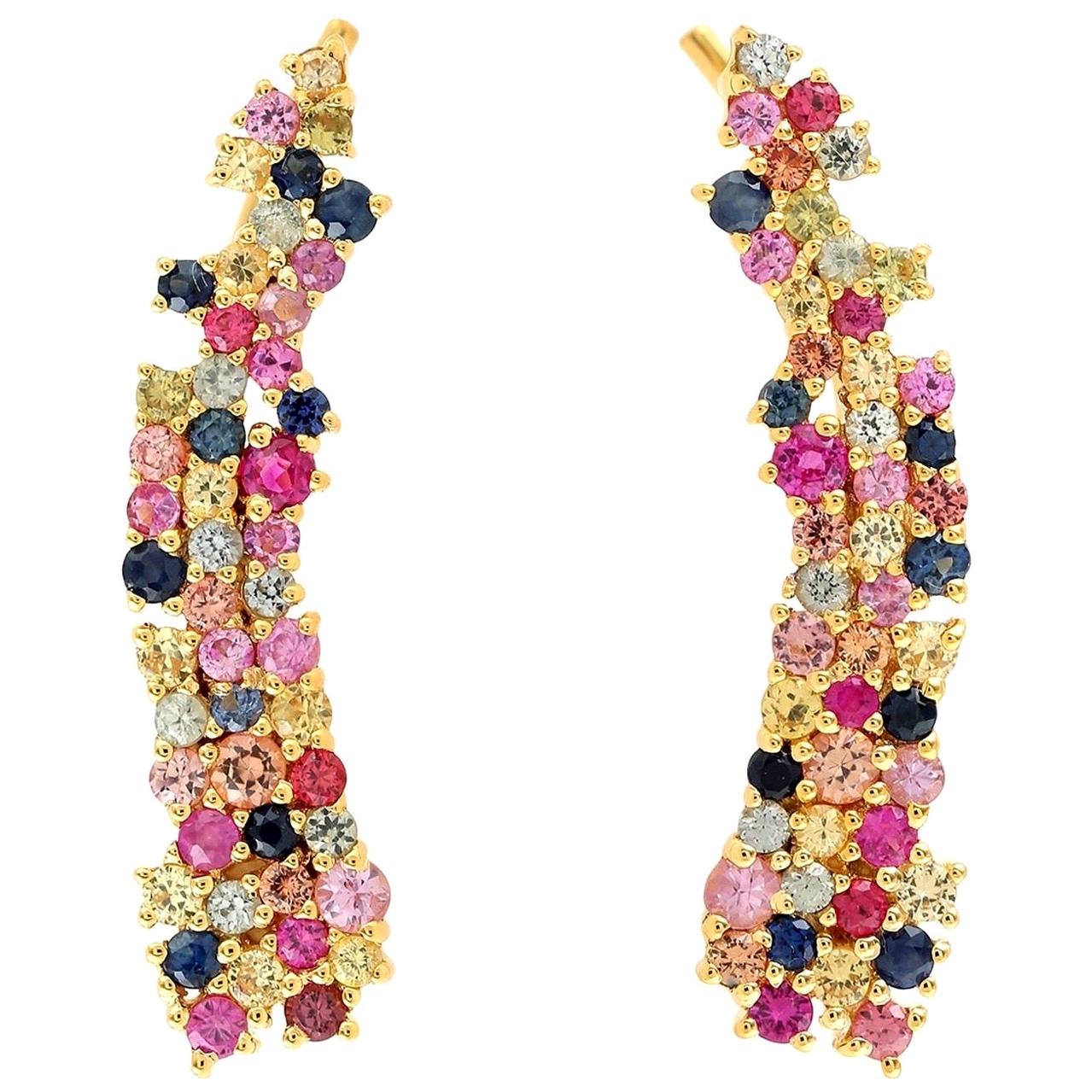 Boucles d'oreilles pendantes en or 18 carats et saphirs multicolores