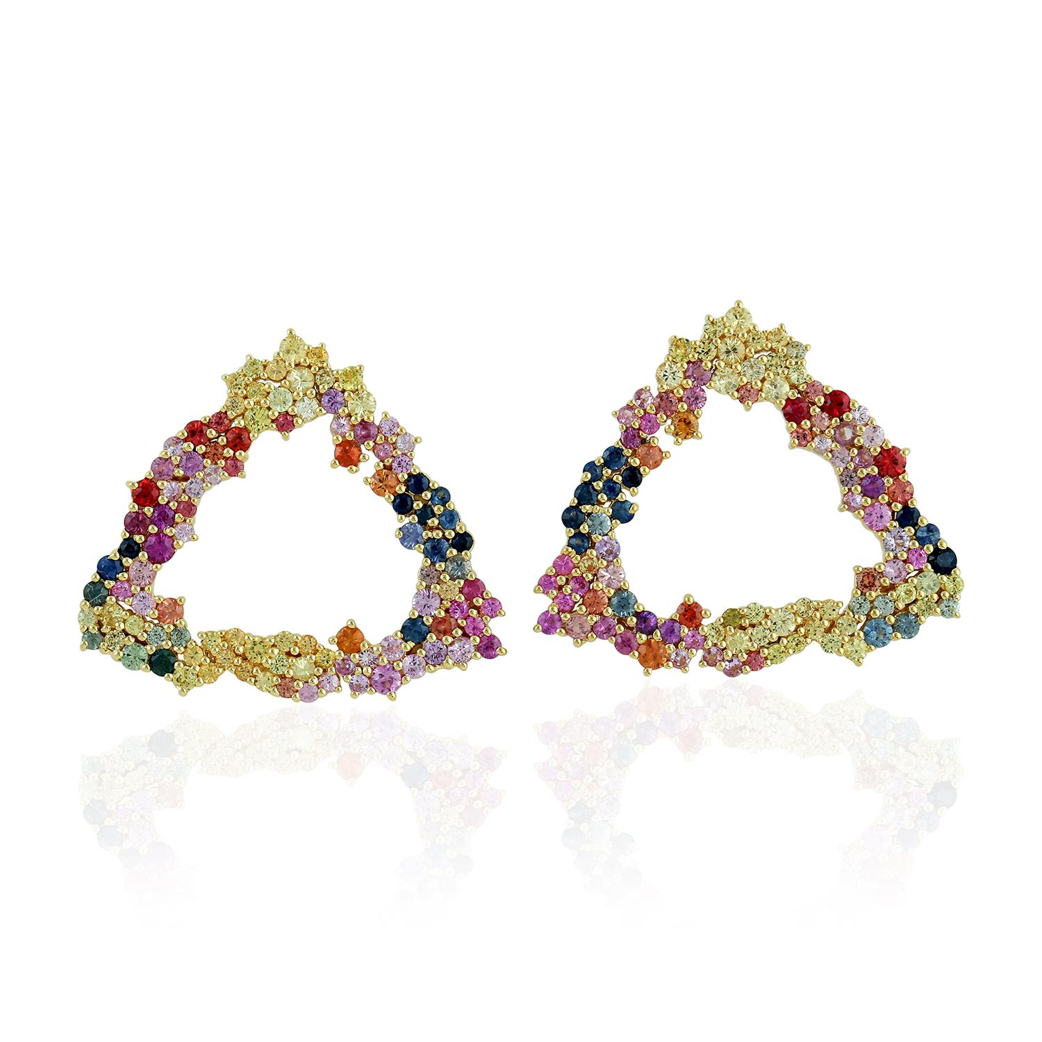 Mixed Cut Multi Sapphire 18 Karat Gold Earrings For Sale