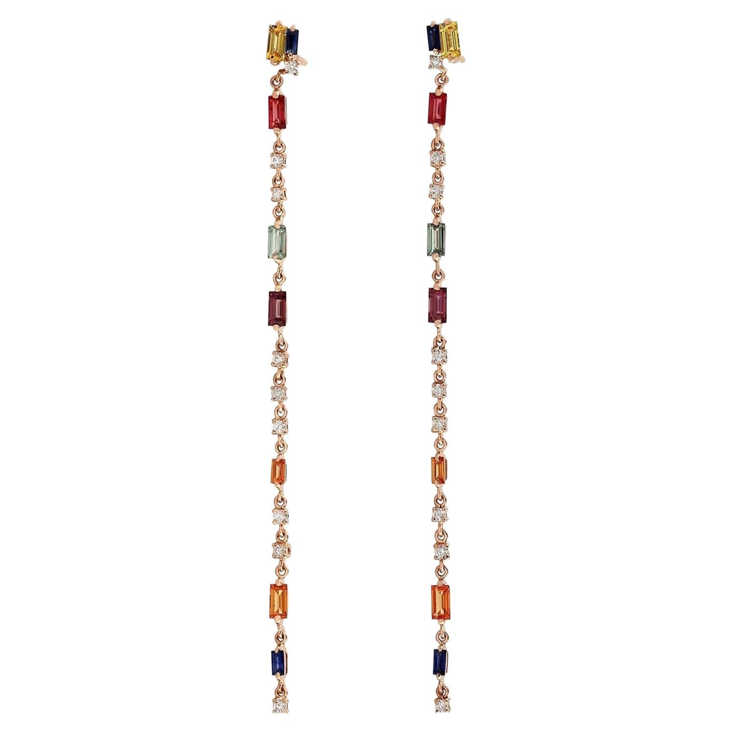 Boucles d'oreilles linéaires en or 18 carats et saphirs multicolores