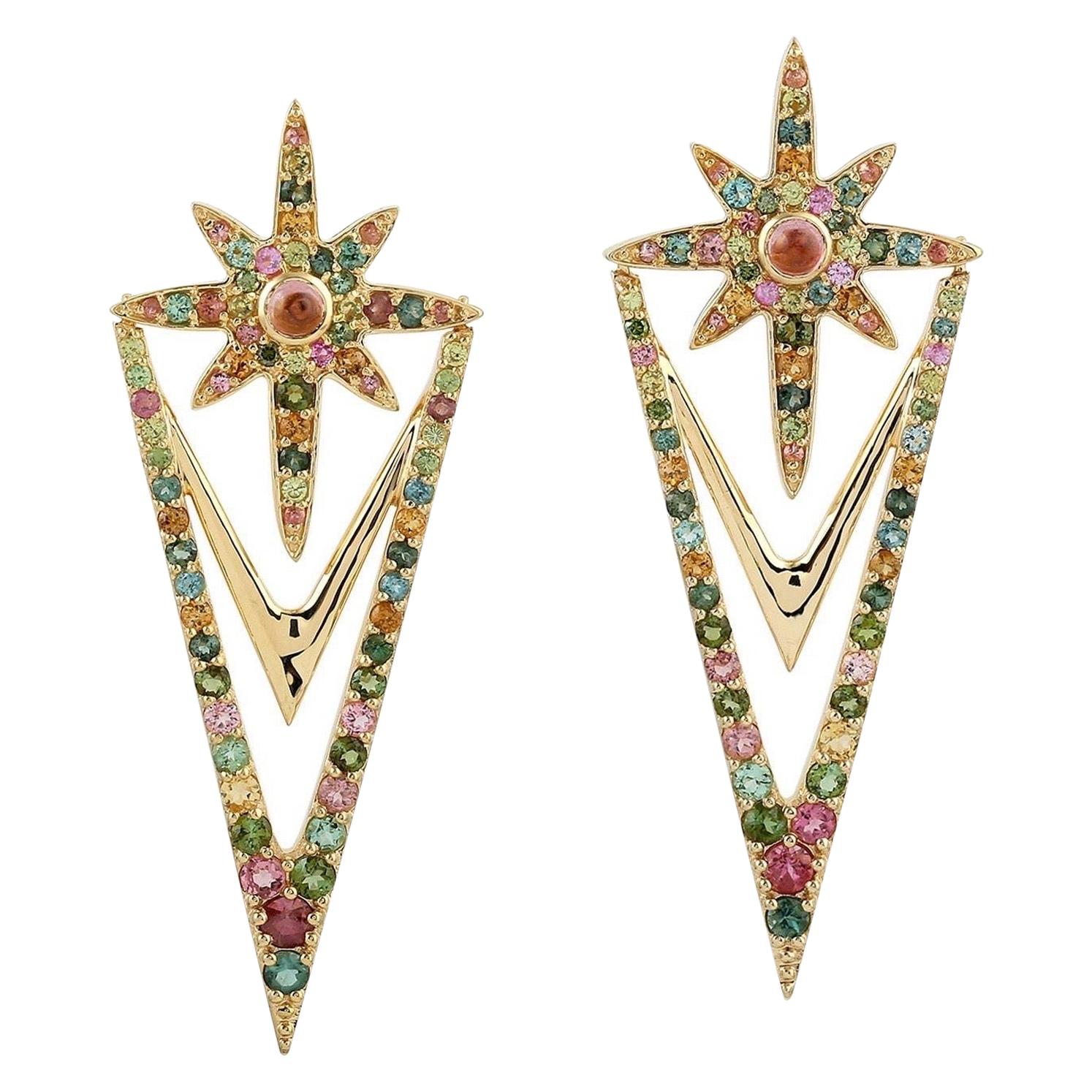Boucles d'oreilles étoile du Nord en or 18 carats et saphirs multicolores