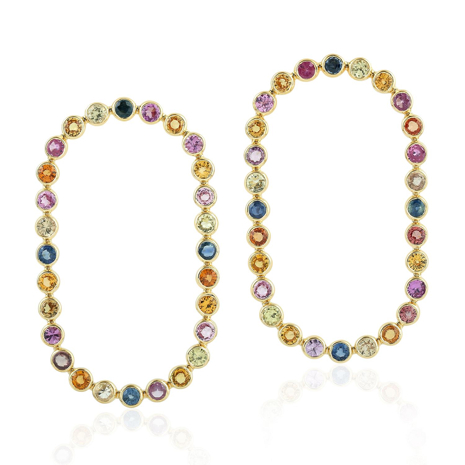 Round Cut Multi Sapphire 18 Karat Gold Rainbow Stud Earrings For Sale