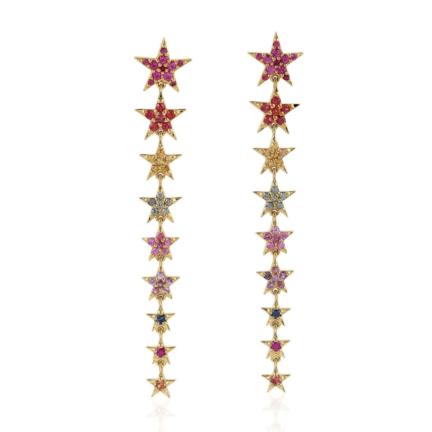 Multi Saphir 18 Karat Gold Stern-Tropfen-Ohrringe (Einfacher Schliff) im Angebot