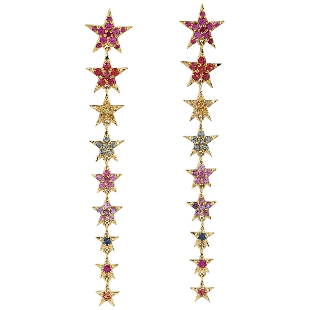 Multi Sapphire 14 Karat Gold Star Drop Earrings
