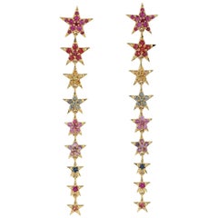 Boucles d'oreilles en goutte étoile en or 18 carats et saphirs multicolores