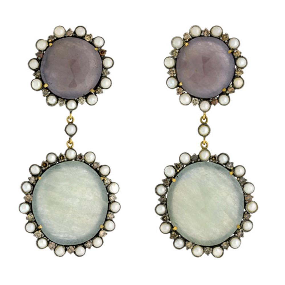 Mehr Saphir-Ohrringe mit 2 Tieren und Perlen aus 18 Karat Gold und Silber (Art déco) im Angebot