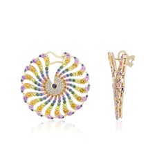 Multi Sapphire, Amethyst & Dimaond Studded Enamel Earring in 14 Karat Yellow Gol
