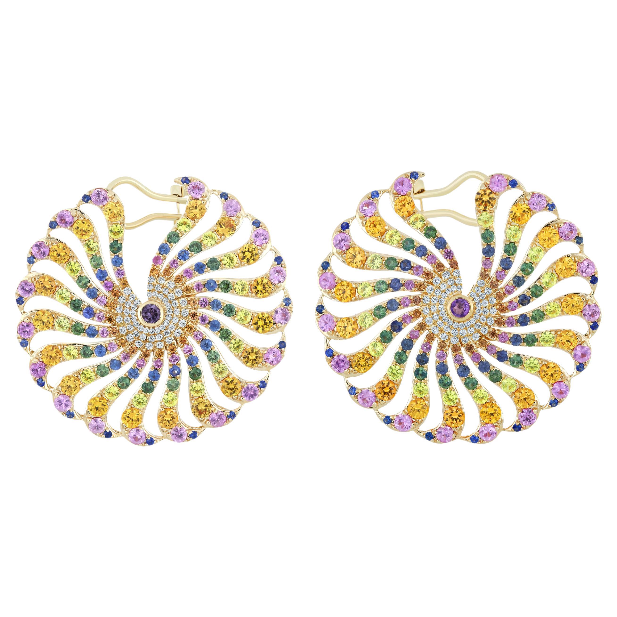 Multi Sapphire, Amethyst & Dimaond Studded Enamel Earring in 14 Karat Yellow Gol For Sale